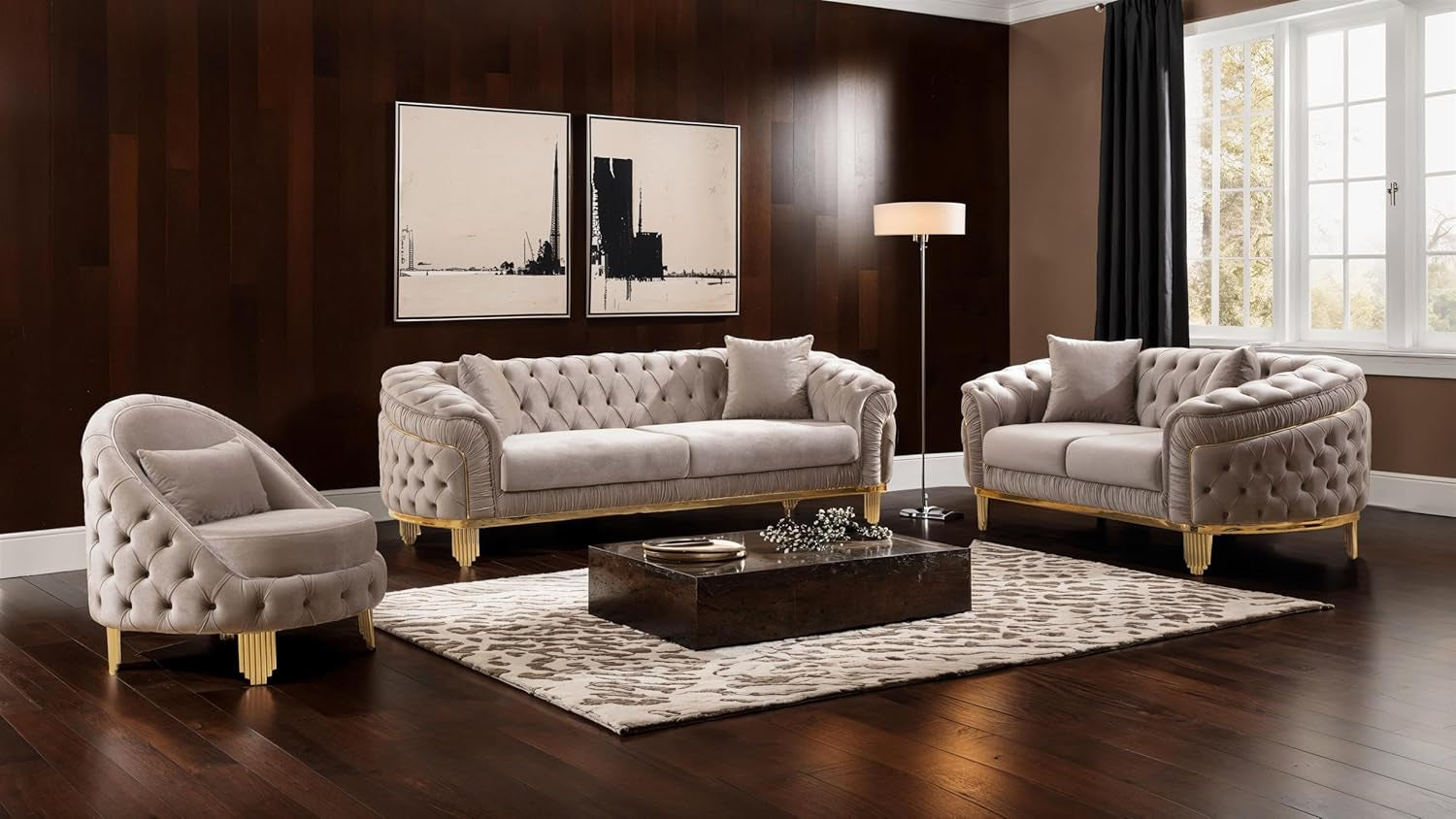 Vanessa 3 Piece Living Room Set Finished with Velvet Upholstery in Taupe-0