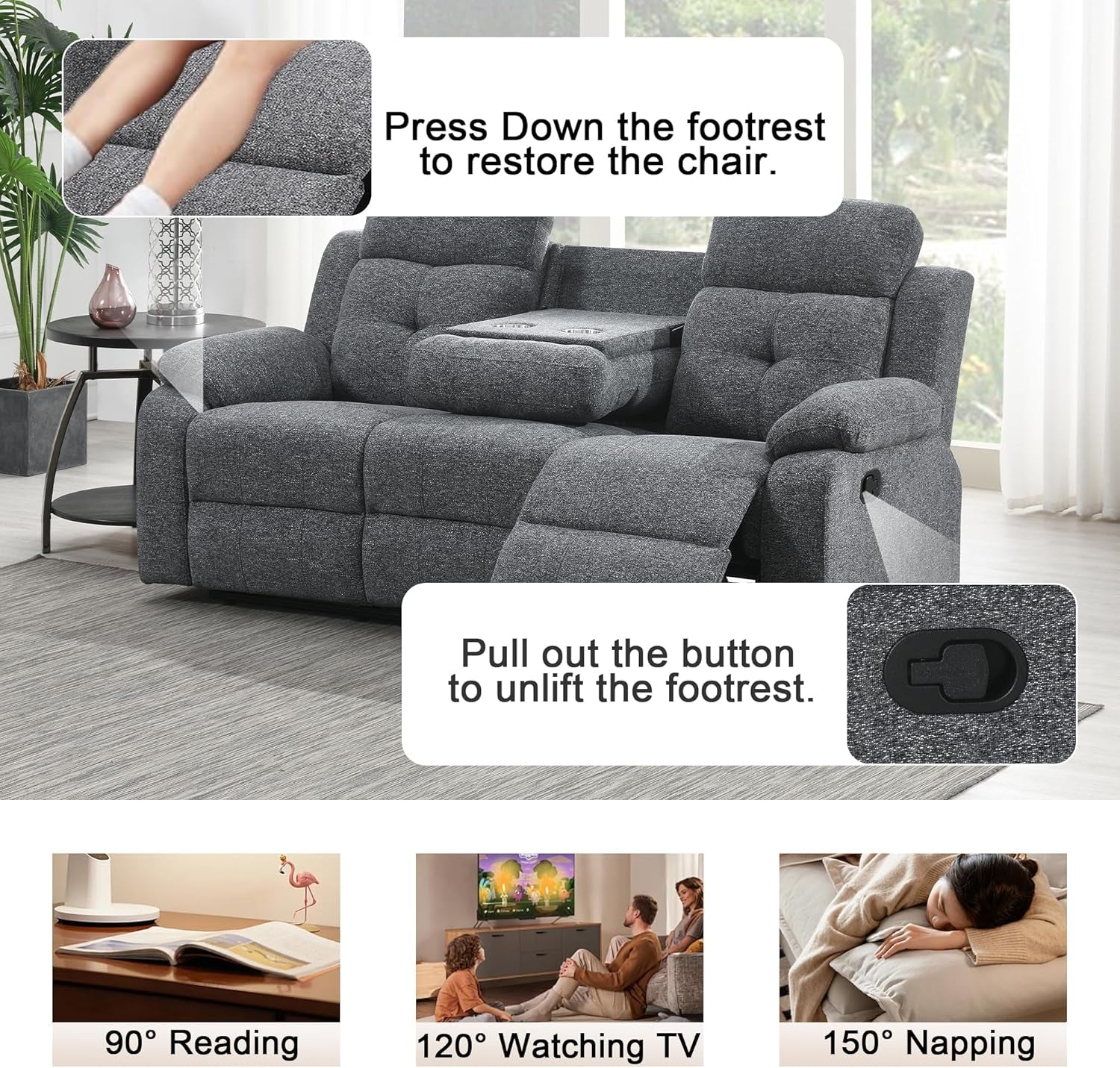Breathable-Chenille-Fabric-Reclining-Sofa-And-Loveseat-Set, Double-Recliner-For-Living-Room, Manual-Reclining-Sofa,Soft/Drop down Table(Gray)-4