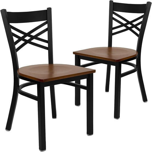 2 Pk. HERCULES Series Black ''X'' Back Metal Restaurant Chair - Cherry Wood Seat-0