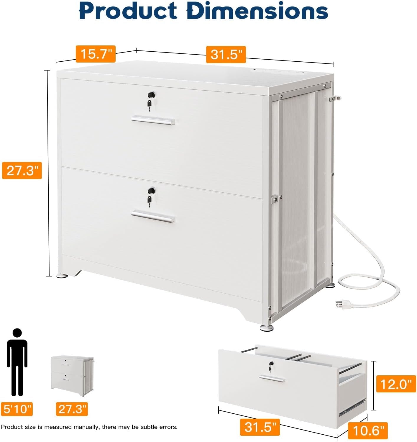 File Cabinet with Charging Station Filing Cabinet for Home Office, Large File Cabinets with Lock, Office Storage Cabinet 2 Drawer for Legal/Letter/A4 File, White-2