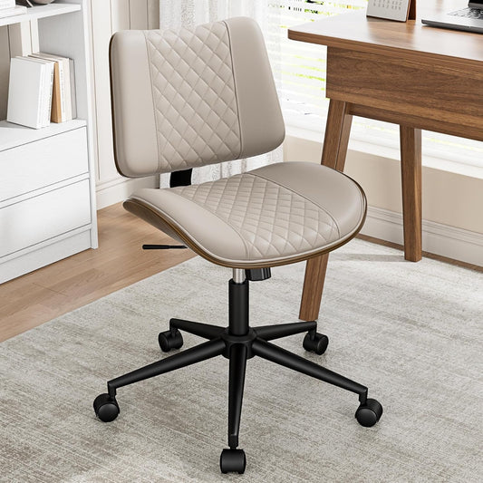 Beige Walnut Desk Chair, Armless, Wheels, Adjustable-0