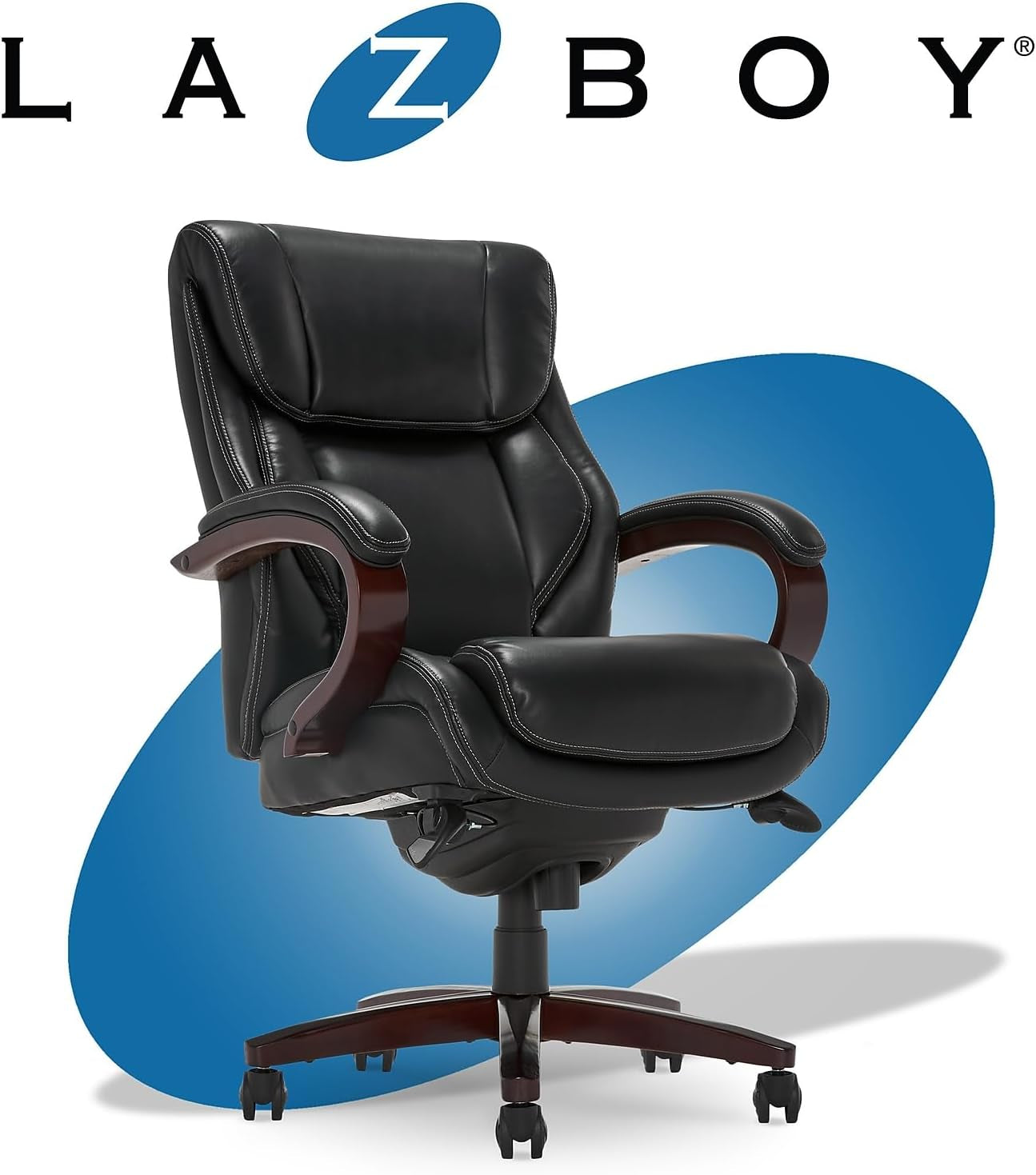 Bellamy Executive Office Chair with Memory Foam Cushions, Solid Wood Arms and Base, Waterfall Seat Edge, Bonded Leather, Black-3