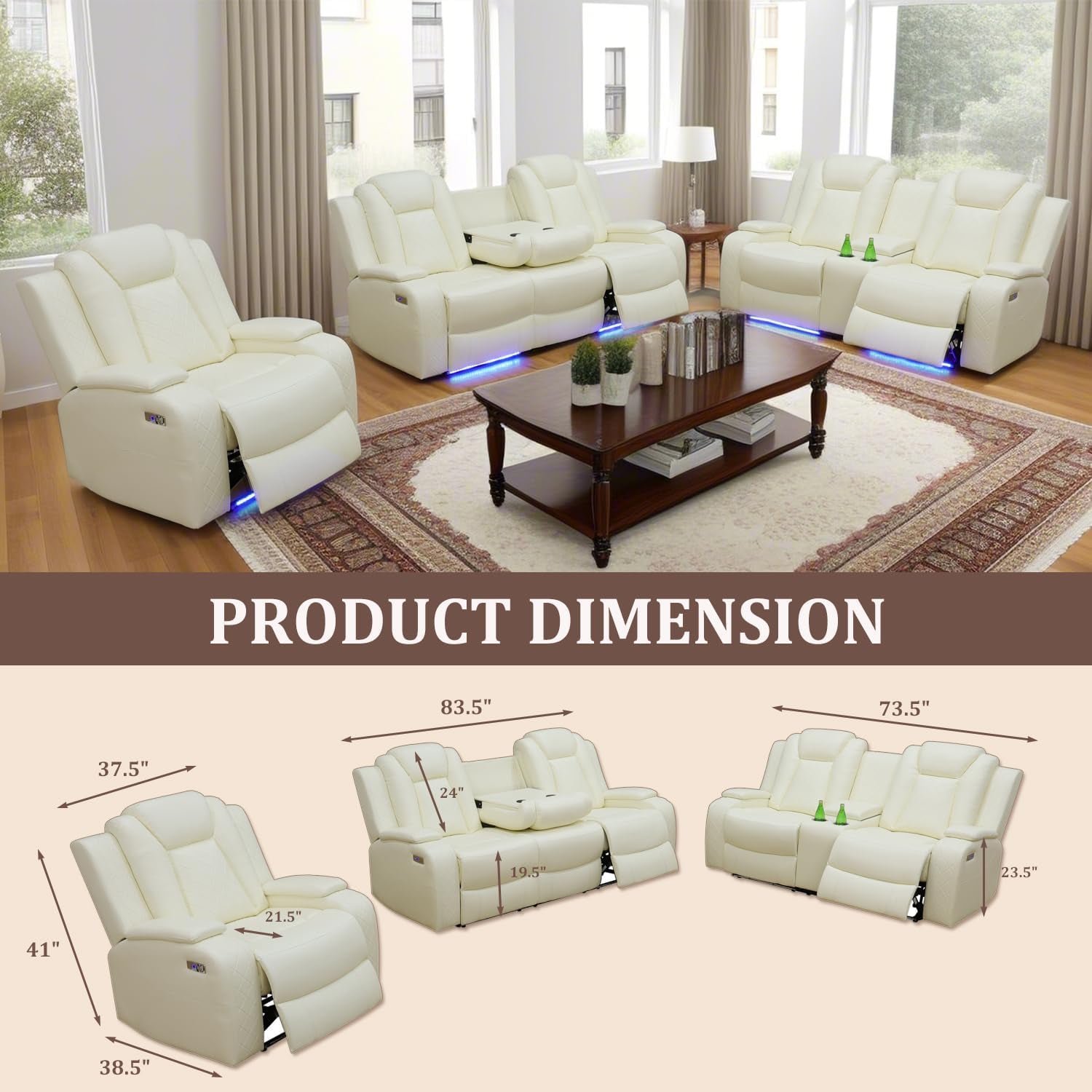 Power Reclining Sofa Set, Living Room Furniture Set with USB Ports, Leather Recliner Couches Set for Living Room/Apartment/Office/Home Theather (Creamy White, Sofa+Loveseat+Chair)-2