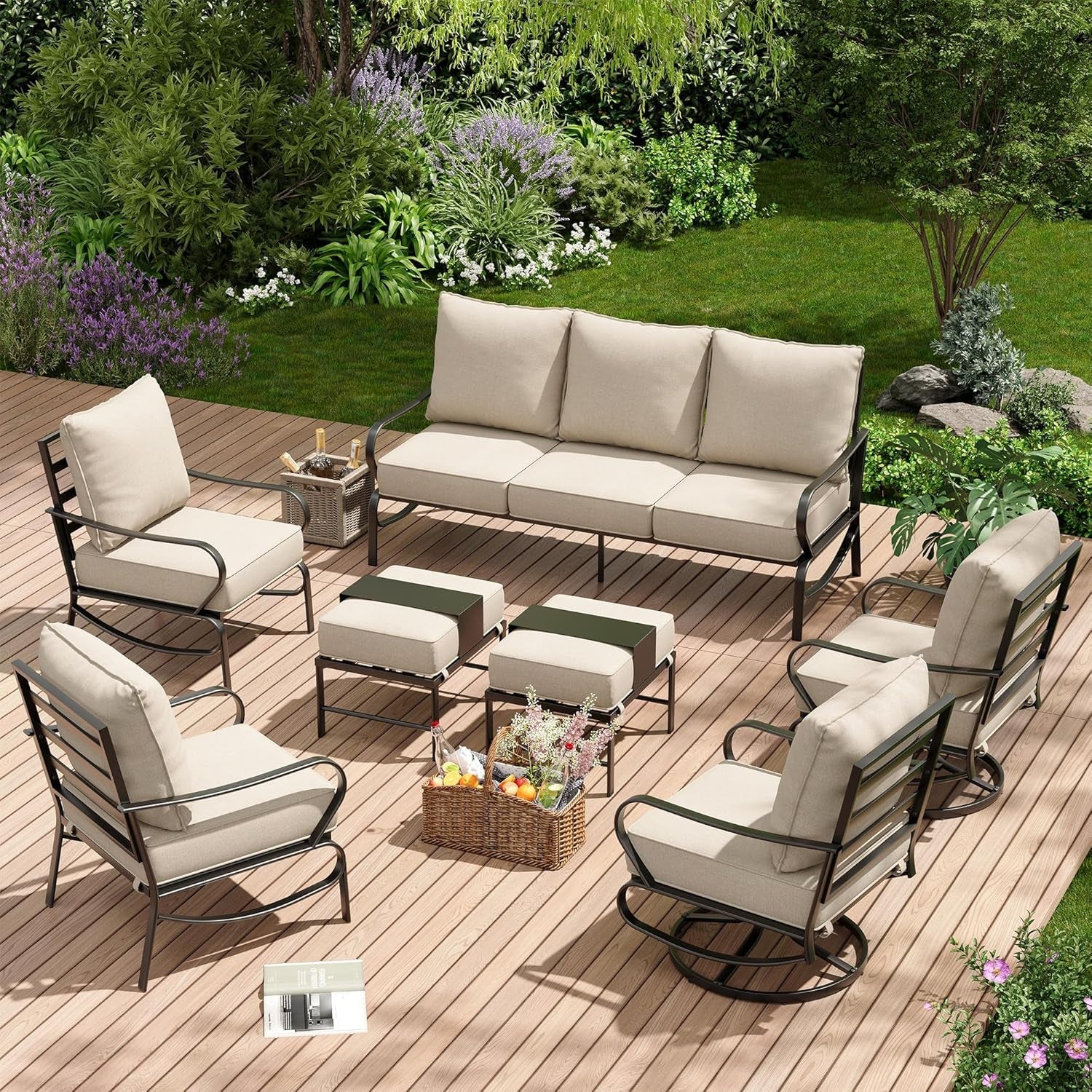 Patio Furniture Set 7 Pcs, Metal Outdoor Furniture Patio Set, 3-Seat Sofa, 2 X Swivel Chairs, 2 X Single Chairs, 2 X Ottomans, 5.75" Extra Thick Cushion Outdoor Patio Furniture Set, Beige-0