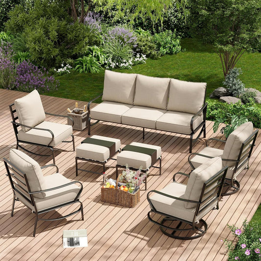 Patio Furniture Set 7 Pcs, Metal Outdoor Furniture Patio Set, 3-Seat Sofa, 2 X Swivel Chairs, 2 X Single Chairs, 2 X Ottomans, 5.75" Extra Thick Cushion Outdoor Patio Furniture Set, Beige-0