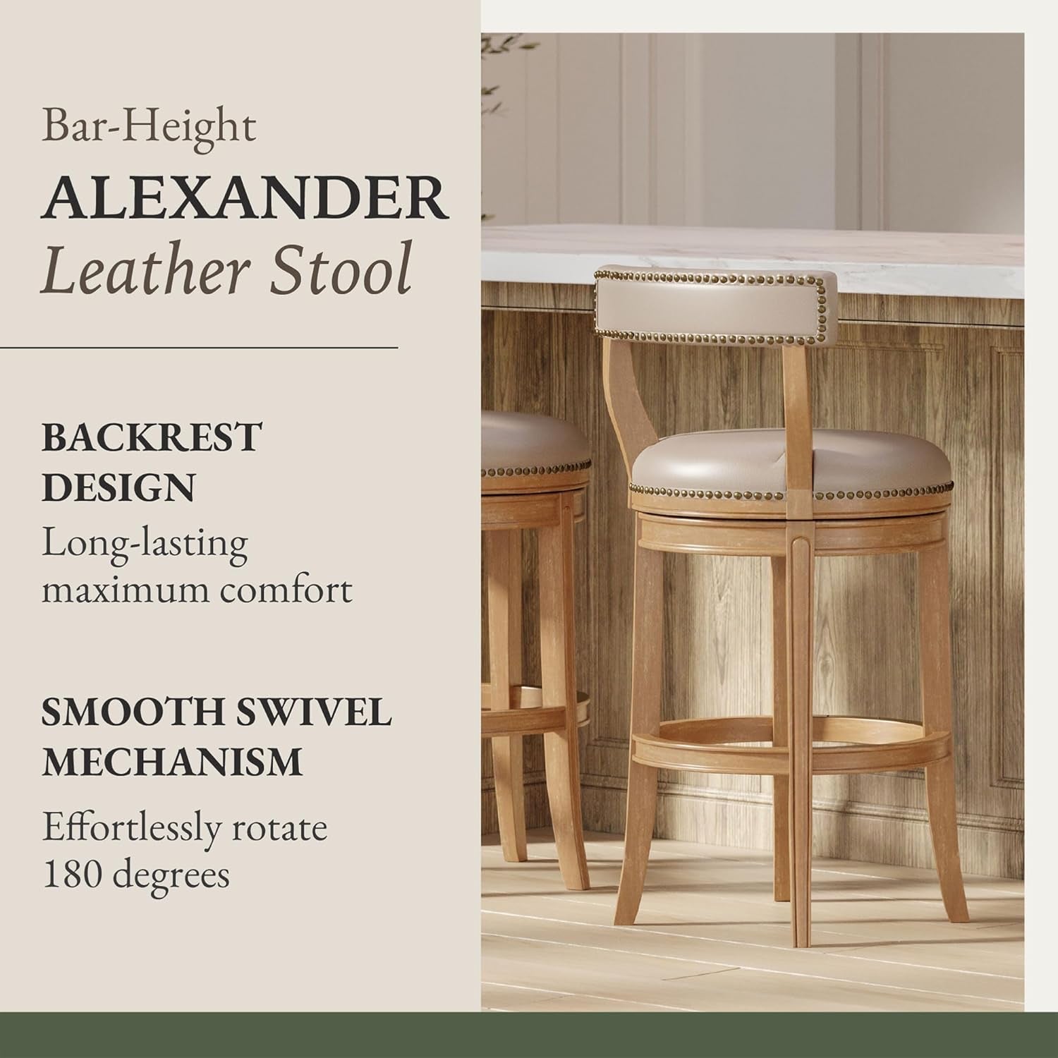 Alexander 31 Inch Tall Bar Height Rotating Low Back Barstool in Weathered Oak Finish with Avanti Bone Vegan Leather Seat, Set of 2-3