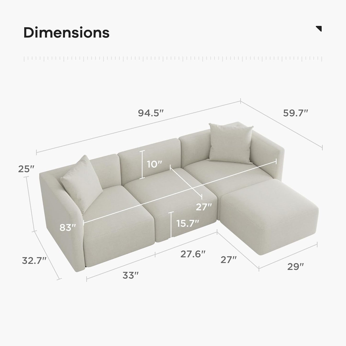 Luxury L-Shaped Upholstery Convertible Modular Sectional Sofa, Contemporary Reversible Couch with Chaise Lounge for Living Room, Apartment, Linen-Like Cream-1