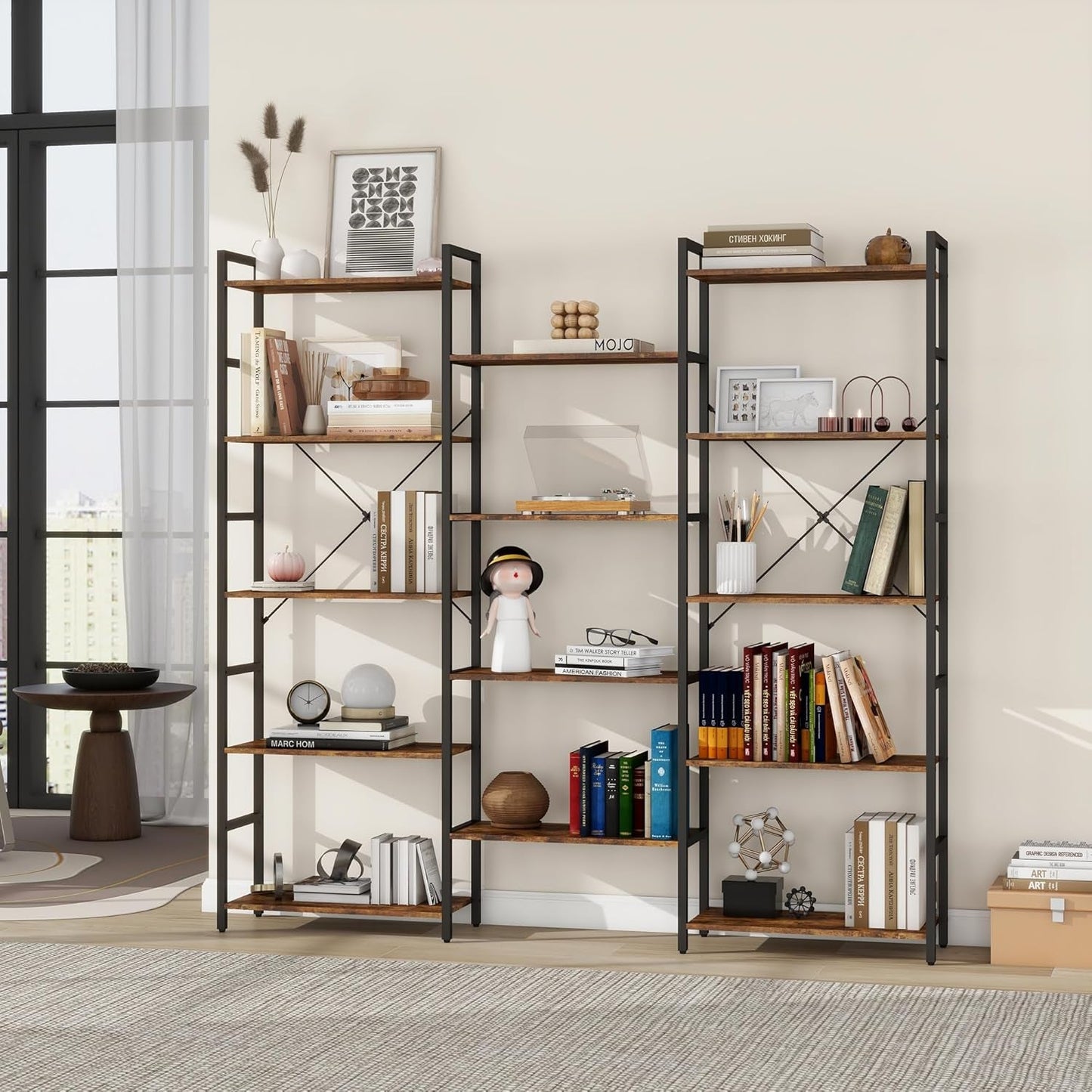 Triple 4/5/6 Tier Bookshelf, Industrial Bookcase with 11/14/17 Open Display Shelves Wide Book Shelf Book Case with Metal Frame for Living Room Home Office (Brown, 5 Tier)-3
