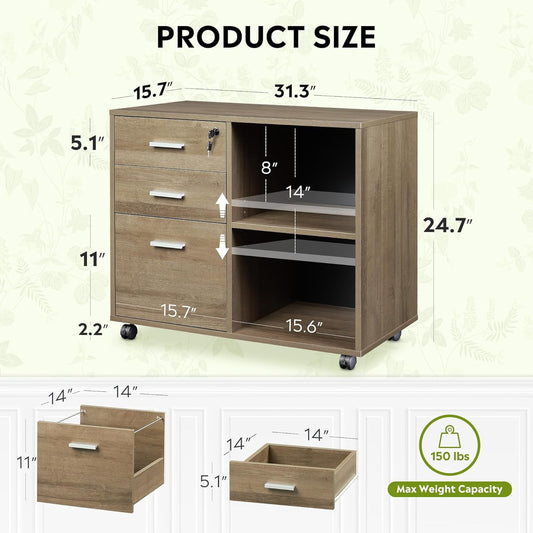 3-Drawer Wood File Cabinet with Lock, Mobile Lateral Filing Cabinet, Printer Stand with Open Storage Shelves for Home Office, Gray Oak-1