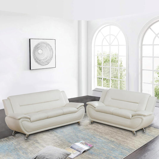 Faux Leather Sofa Couch Set, Living Room Sofa and Loveseat Set, Leather Couch and Loveseat Set for Living Room Office Home (2 Piece Leather Living Room Set, Cream White)-0