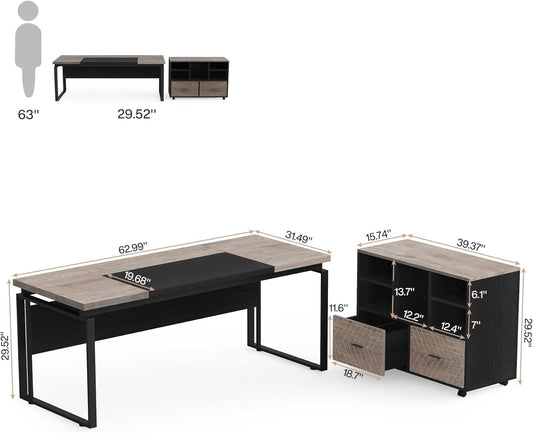 L-Shaped Executive Desk with Reversible File Cabinet, 63" Office Desk with Storage Drawers, L-Shaped Computer Desk with Drawer Cabinet for Hanging Letter Size Files (Gray & Black)-1