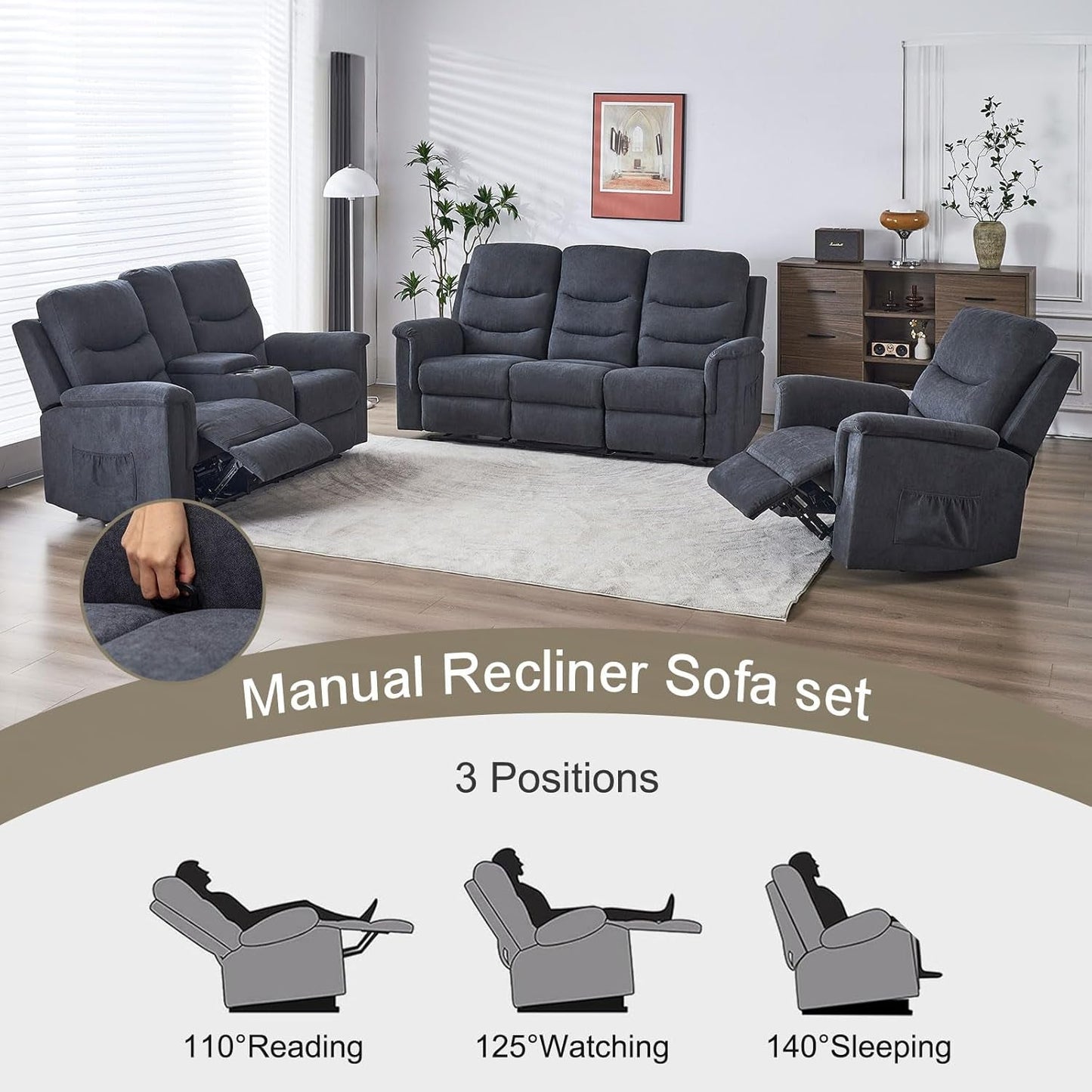 2 Pieces Recliner Sofa Set, Manual Sofa Set for Living Room Furniture Set, Recliner Sofa and Loveseat Sets, Reclining Loveseat with Console & Cup Houlders for Living Room-3