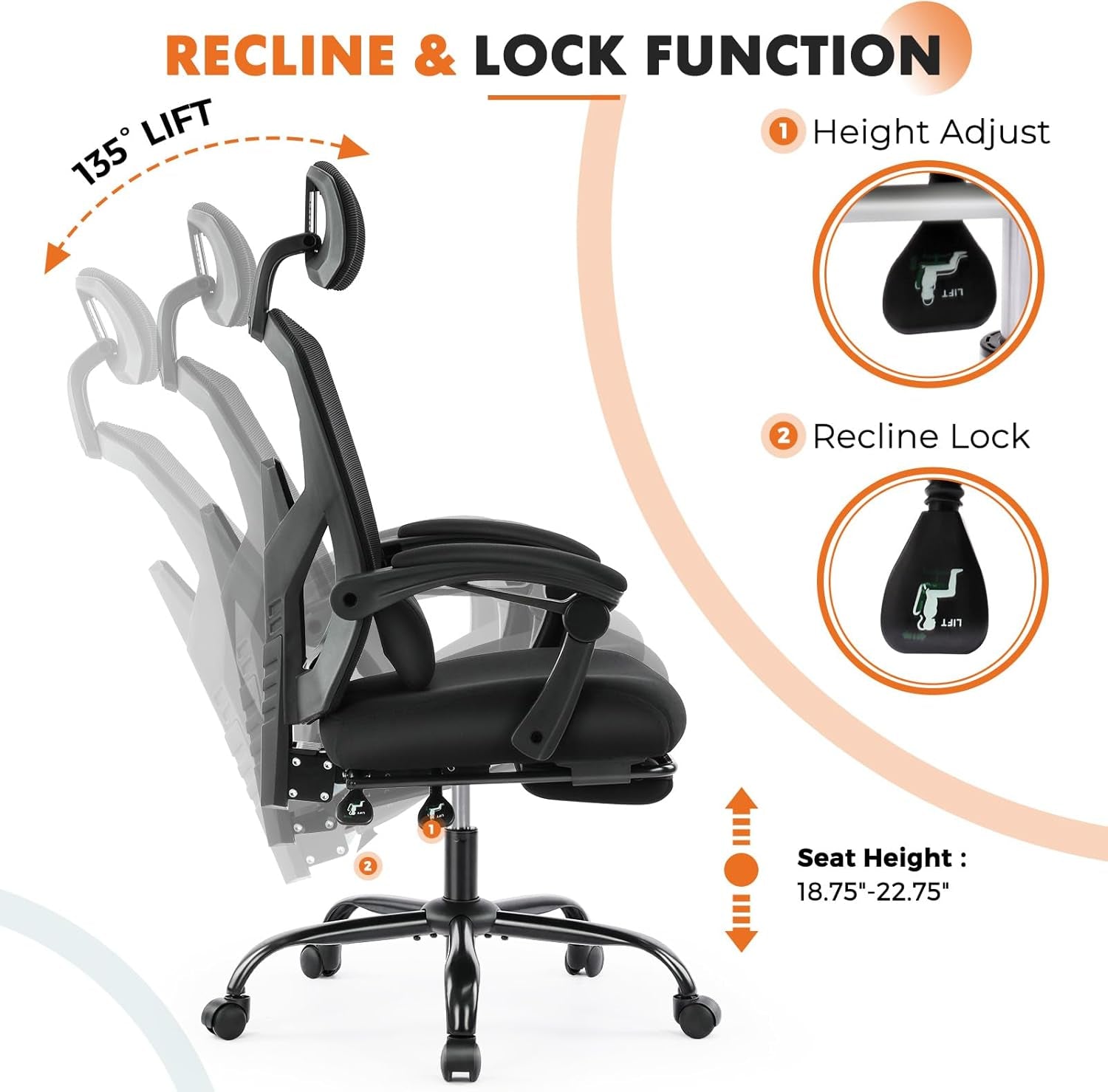 Office Computer Desk Chair, Ergonomic High-Back Mesh Rolling Work Swivel Chairs with Wheels, Comfortable Lumbar Support, Comfy Arms for Home, Bedroom, Study, Student, Black-3