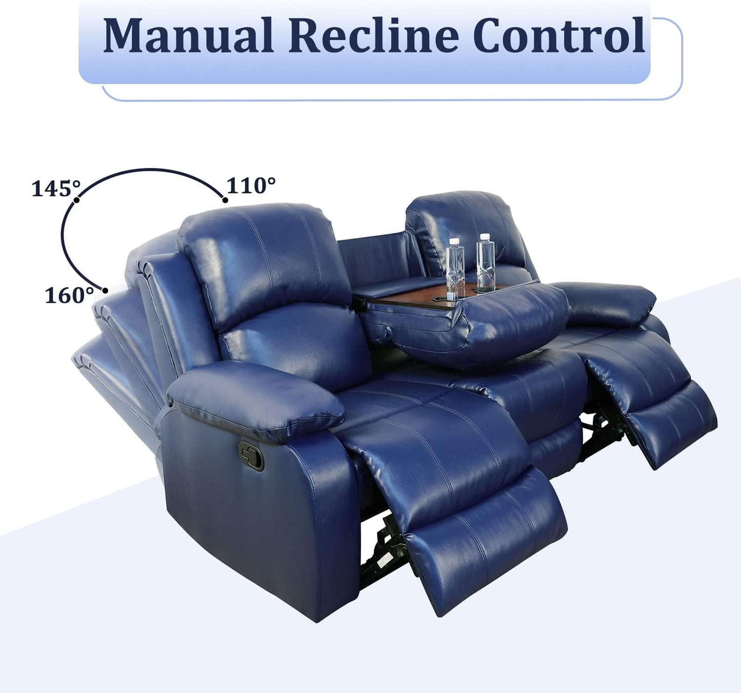 Leather Recliner Sofa Set, Living Room Furniture Set, Leather Reclining Sofa Recliner Couch for Office Home (Sofa+Loveseat+Chair, Blue)-2