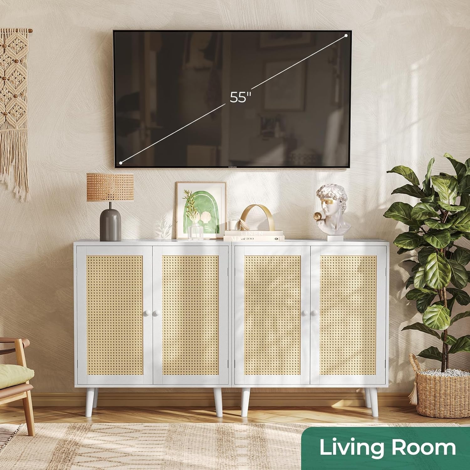 Buffet Cabinet with Storage, Storage Cabinet with PE Rattan Decor Doors, Accent Cabinet with Solid Wood Feet, Sideboard Cabinet for Hallway, Entry, Living Room, White-3