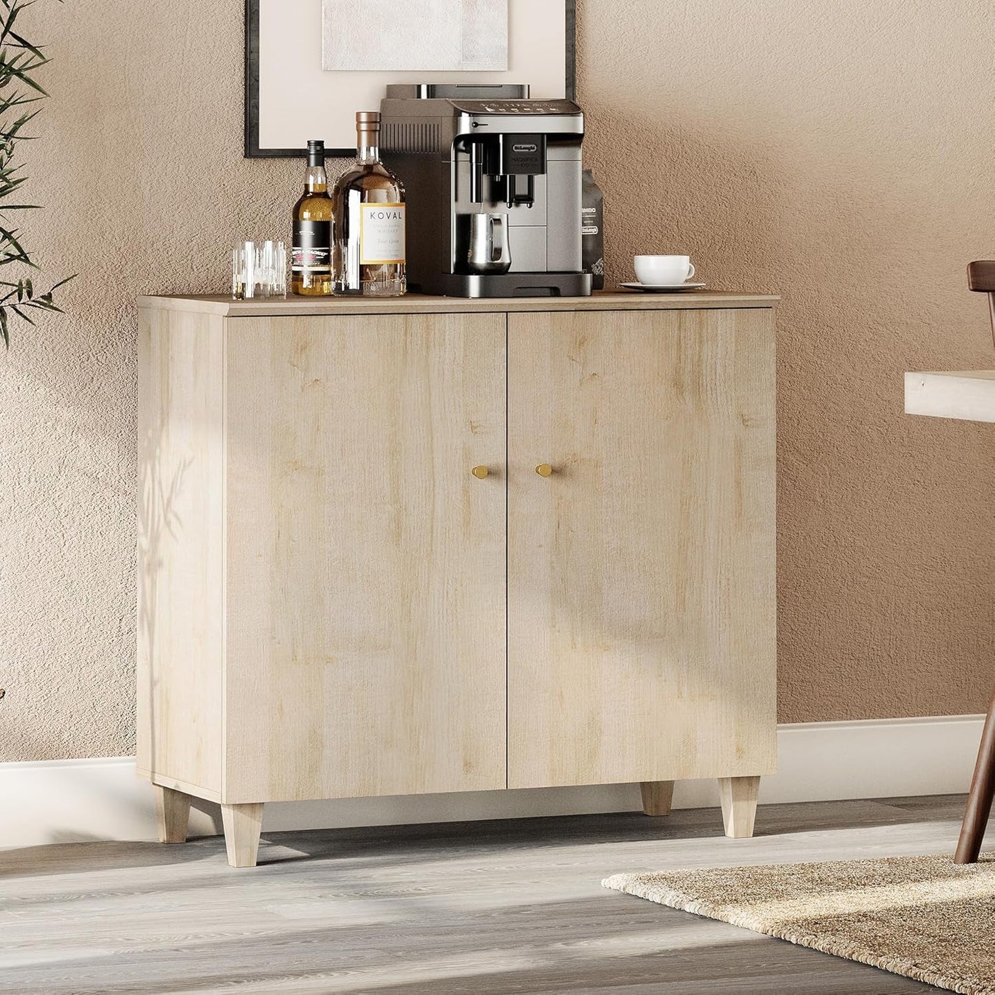 Sideboards Buffet Cabinet, 35.4" Wide Wooden Credenza Storage Cabinet with 2 Doors, Modern Kitchen Accent Cabinet with 3 Compartments for Living Room, Hallway, Light Oak-2