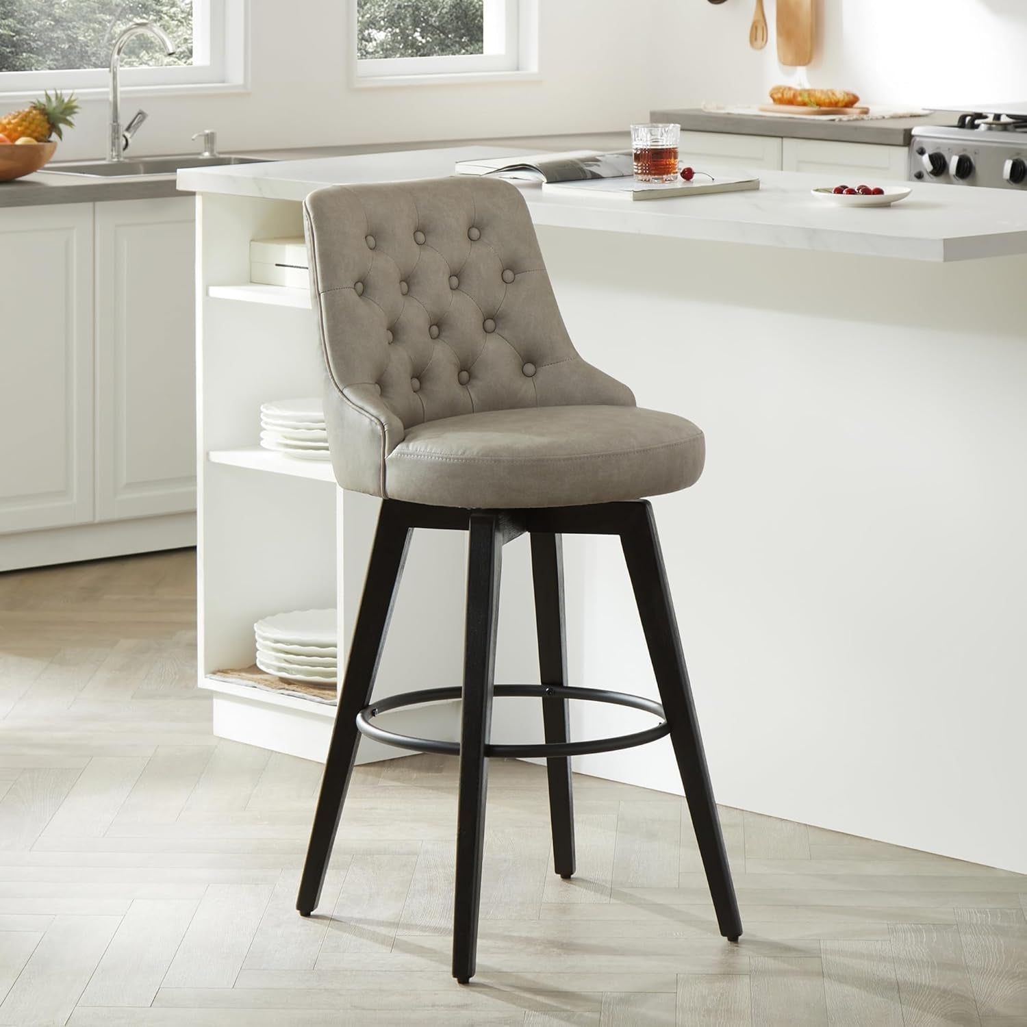 Bar Stools, 360° Swivel Upholstered Bar Stool with Back, 30" H Bar Height Barstools, Set of 2, Faux Leather in Stone Grey-3