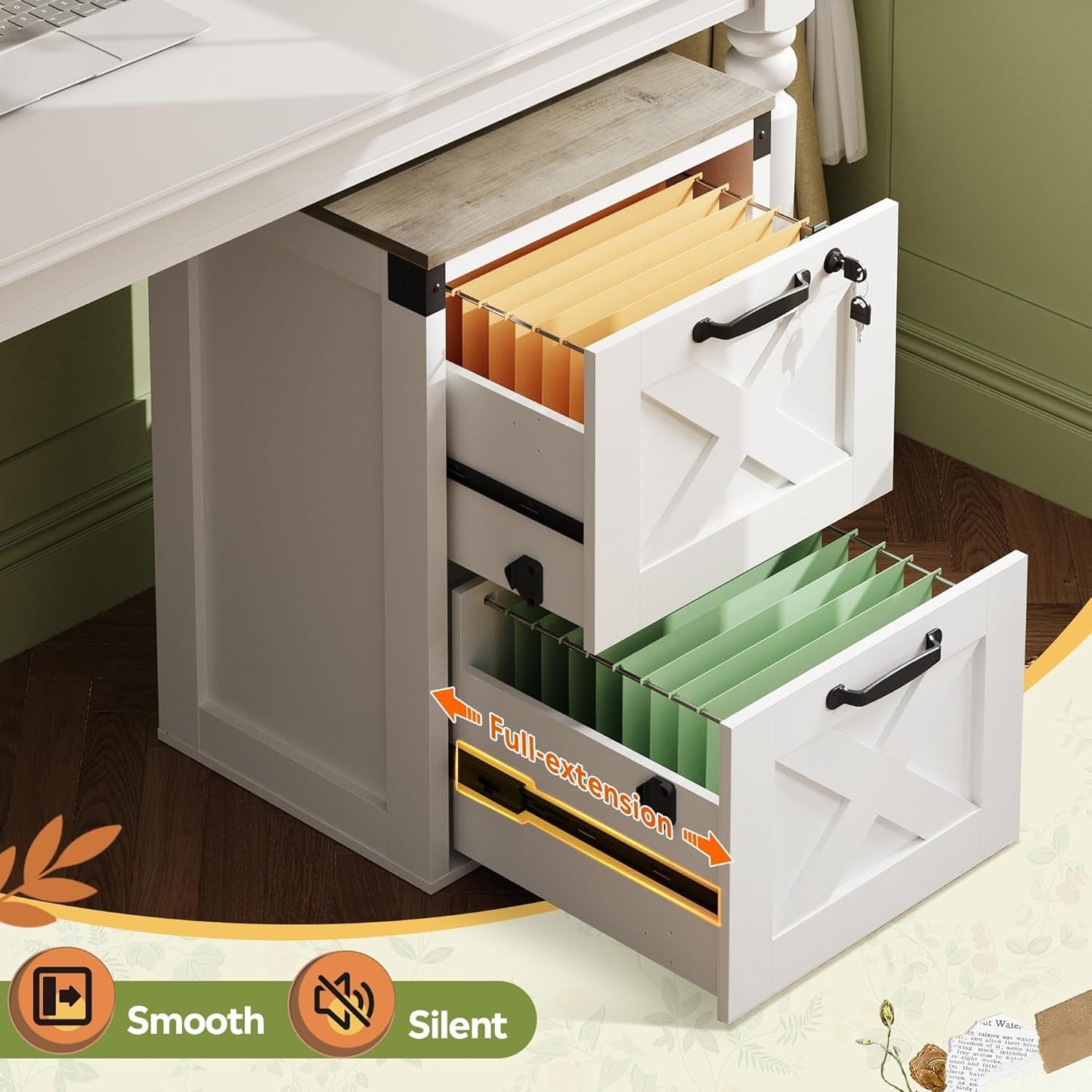 2 Drawer File Cabinet with Lock, Wood Farmhouse Filing Cabinet for Home Office, Printer Stand Fits Letter and A4 Size, White-3