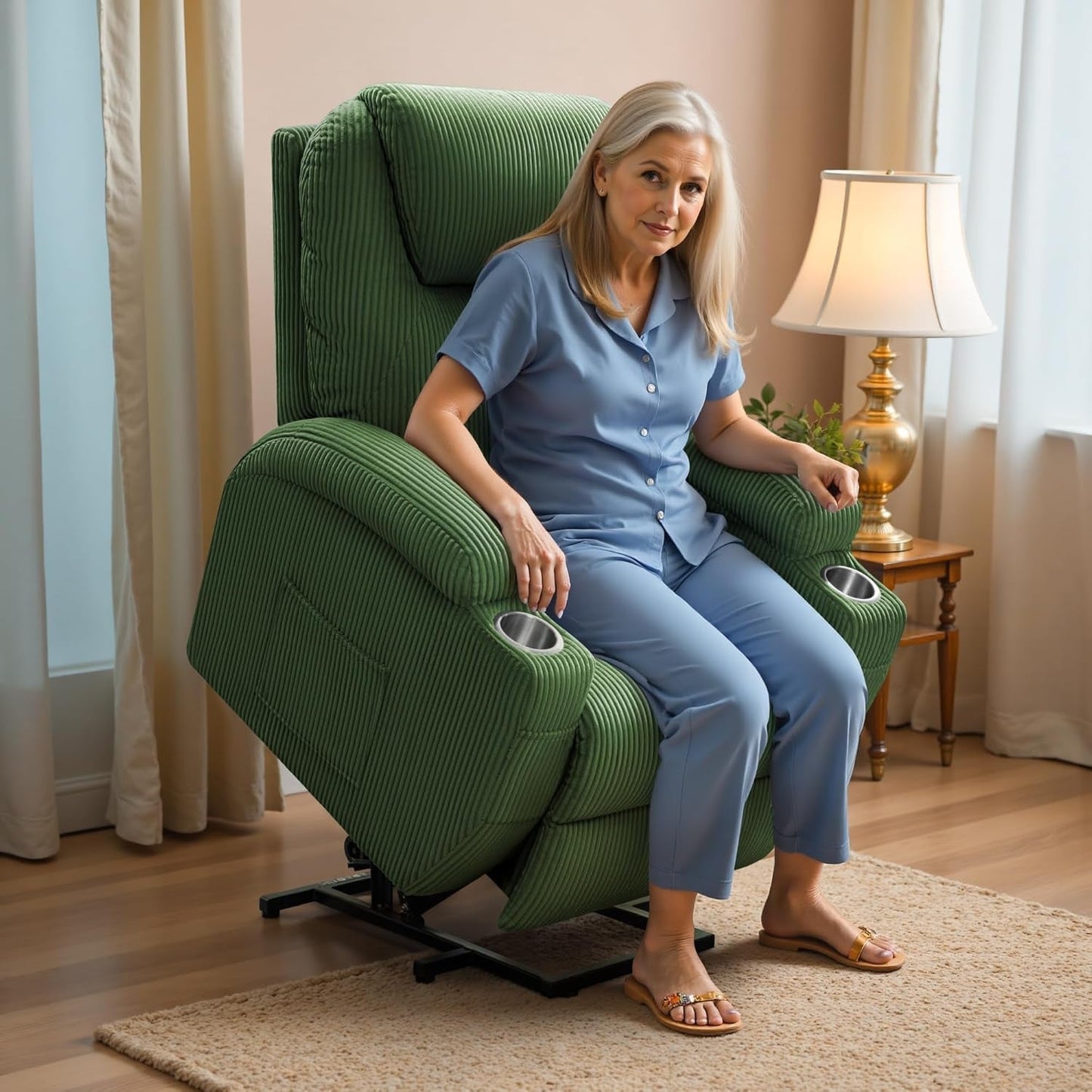 Power Lift Recliner Chair with Massage for Elderly Ergonomic Lounge Chair Classic Single Sofa with 2 Cup Holders Side Pockets Home Theater Seat (Corduroy, Green)-0