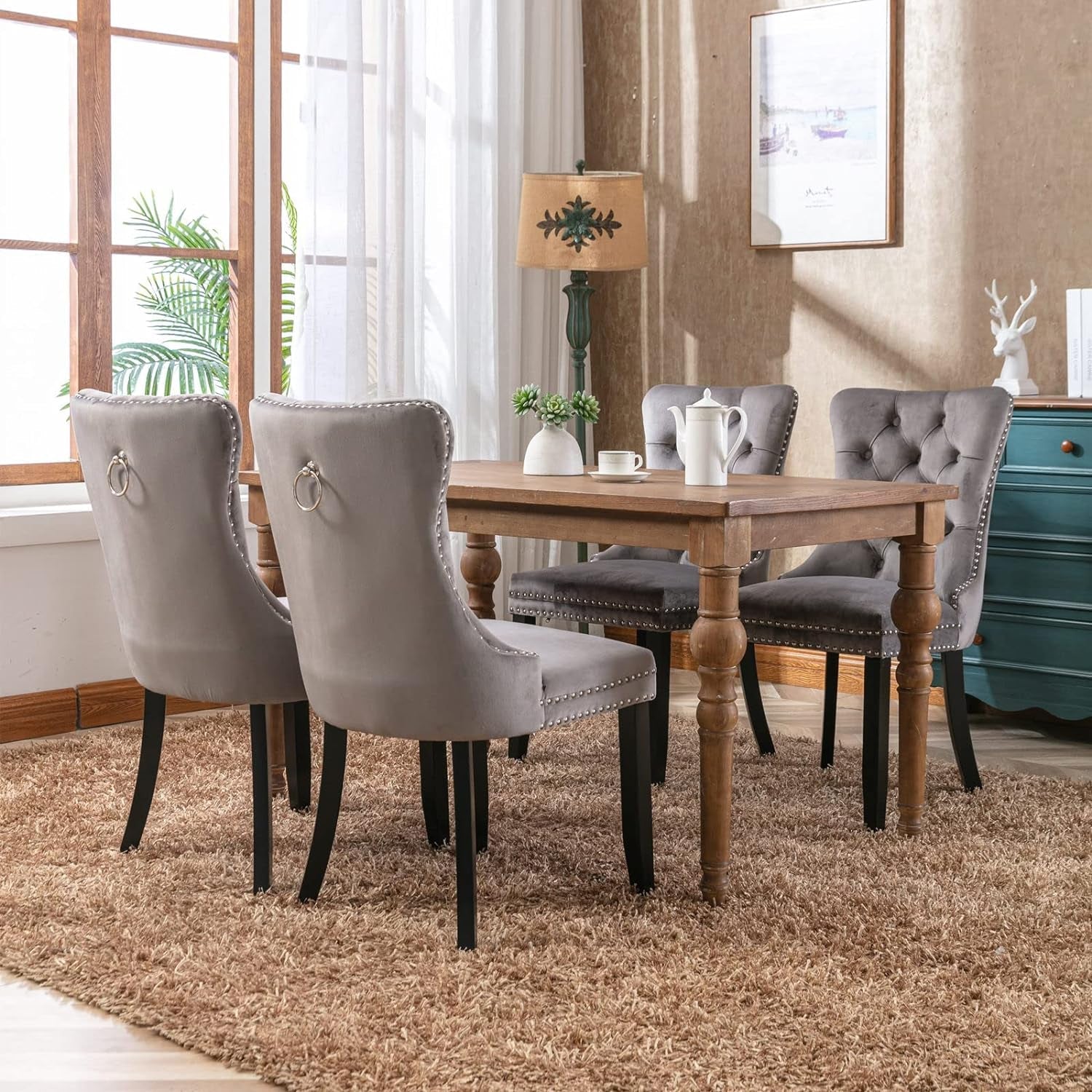 Grey Velvet Dining Chairs Set of 4, Tufted Upholstered Dining Room Chairs with Back Ring Pull, Nailhead Trim and Solid Wood Legs, Modern Dining Chair for Dining Room, Kitchen(Grey)-1
