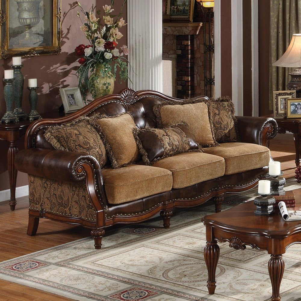 4-Piece Formal Living Room Furniture Set Includes Luxury Sofa W/ 5 Pillows, Loveseat W/ 3 Pillows, Single Chair W/ 1 Pillow and Coffe Table, Brown and Chenille (4PS, Sofa+Loveseat+Chair+Coffee Table)-2