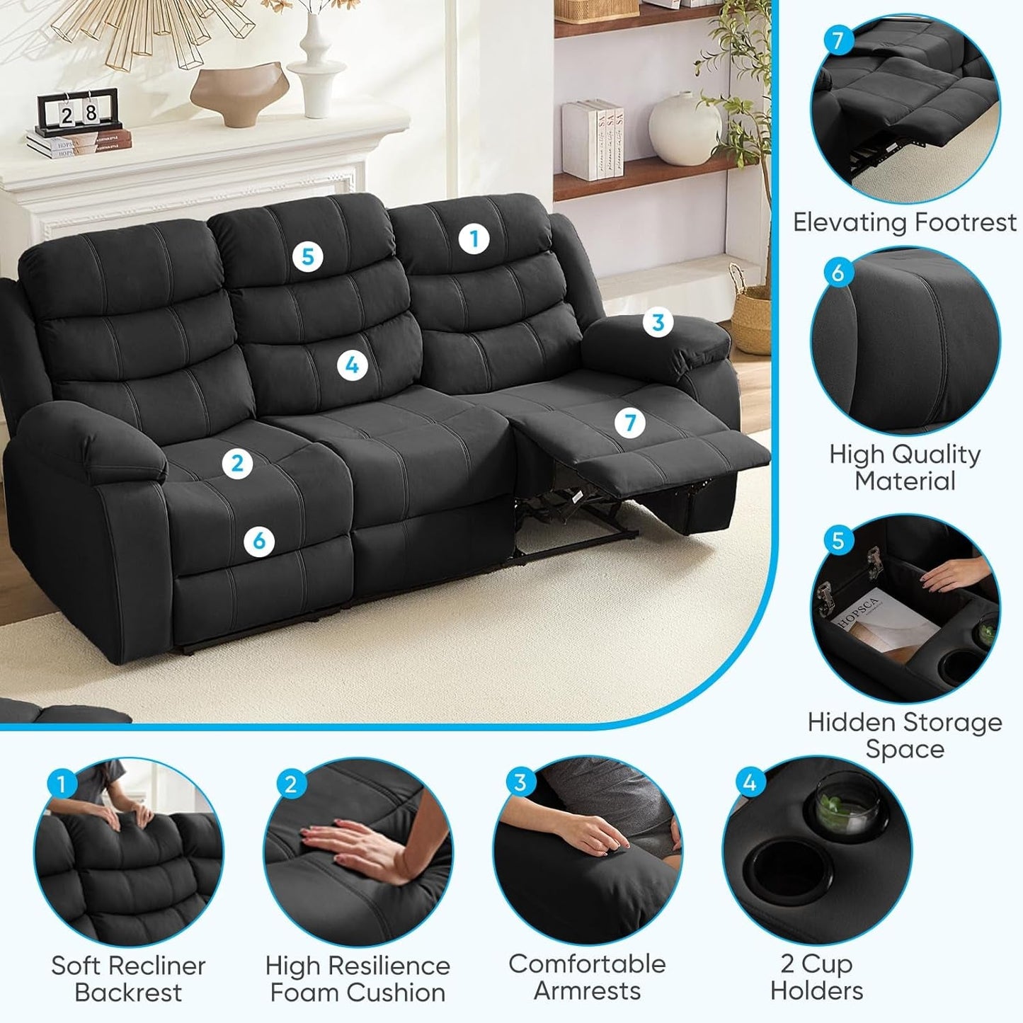 Recliner Sofa, 3-Seater Adjustable Living Room Sofa with Flip Middle Backrest, Home Theater Seating Couch, Modern Convertible Couch with Drop down Table & Dual Cup Holders, Dark Grey-3