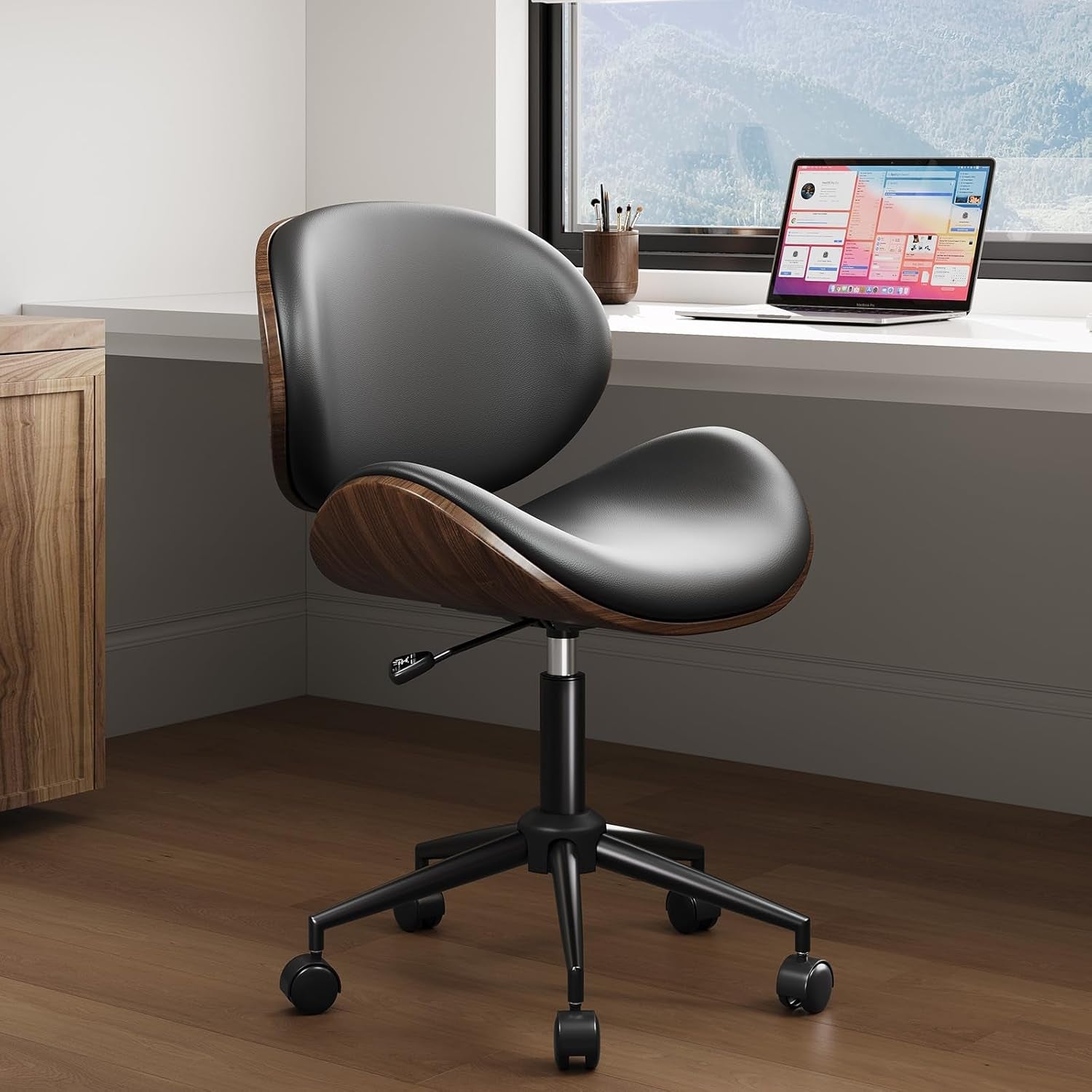 Home Office Chair Set of 2, PU Leather Desk Chair, Modern Swivel Chair with Curved Back, Armless Desk Chair with Wheels for Home Office, Black-1