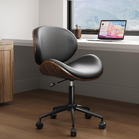 Home Office Chair Set of 2, PU Leather Desk Chair, Modern Swivel Chair with Curved Back, Armless Desk Chair with Wheels for Home Office, Black-1