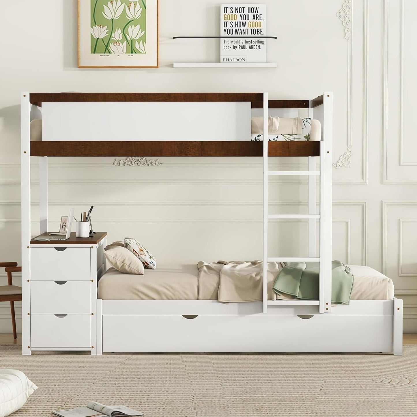 Twin over Twin Bunk Bed Twin Size Trundle, Wood Twin Bunk Bed with USB Ports, Storage and Desk, White+Walnut-2