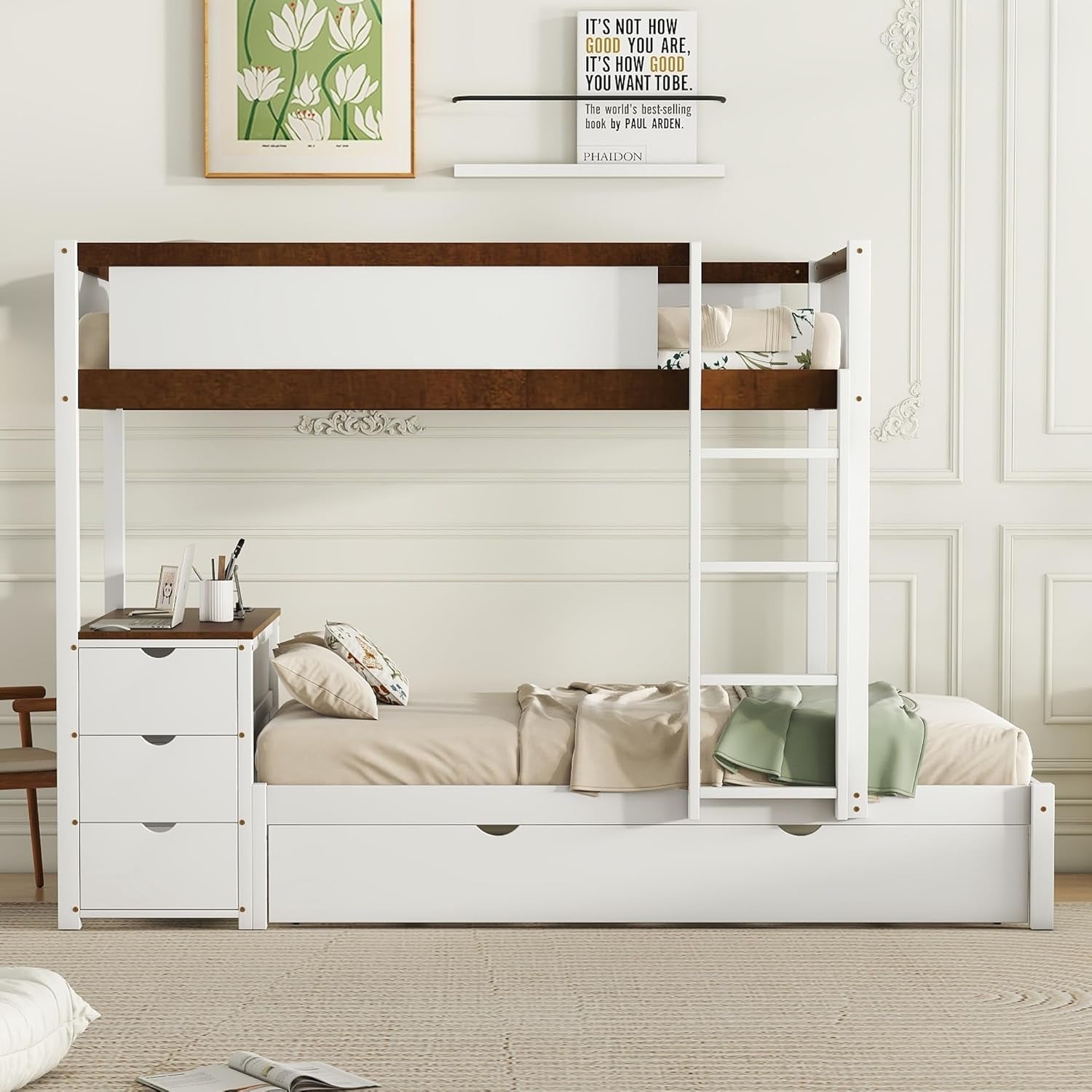 Twin over Twin Bunk Bed Twin Size Trundle, Wood Twin Bunk Bed with USB Ports, Storage and Desk, White+Walnut-2