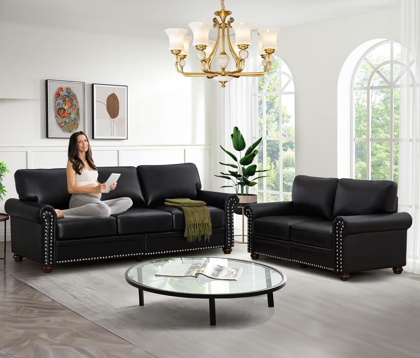 2-Piece Comfy Upholstered PU Leather Sofa Couch Set, Mid-Century Modern Loveseat Sofa+3 Seater Couch with Storage Space for Living Room, Furniture Set, Black-0