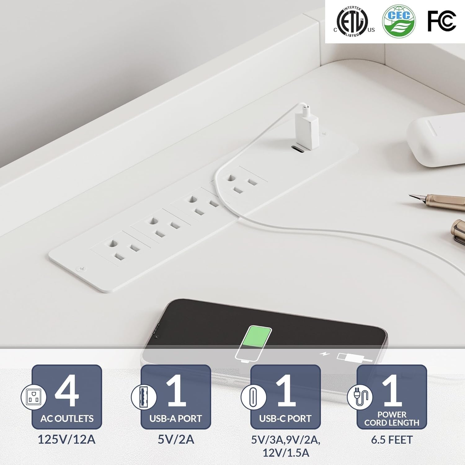 66" TV Stand for Tvs up to 75", LED Light Entertainment Center with Power Outlet, 4 Drawers and 2-Tier Open Shelves TV Cabinet, TV Console for Living Room, Bedroom - Corrigan (White)-2