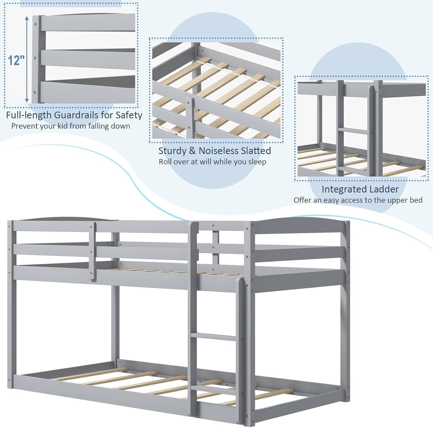 Twin Low Bunk Bed, Solid Wood Twin over Twin Bunk Bed Frame with Full Guardrails & Integrated Ladder, Floor Twin Bunk Beds for Kids Boys and Girls, No Box Spring Needed, Grey-4