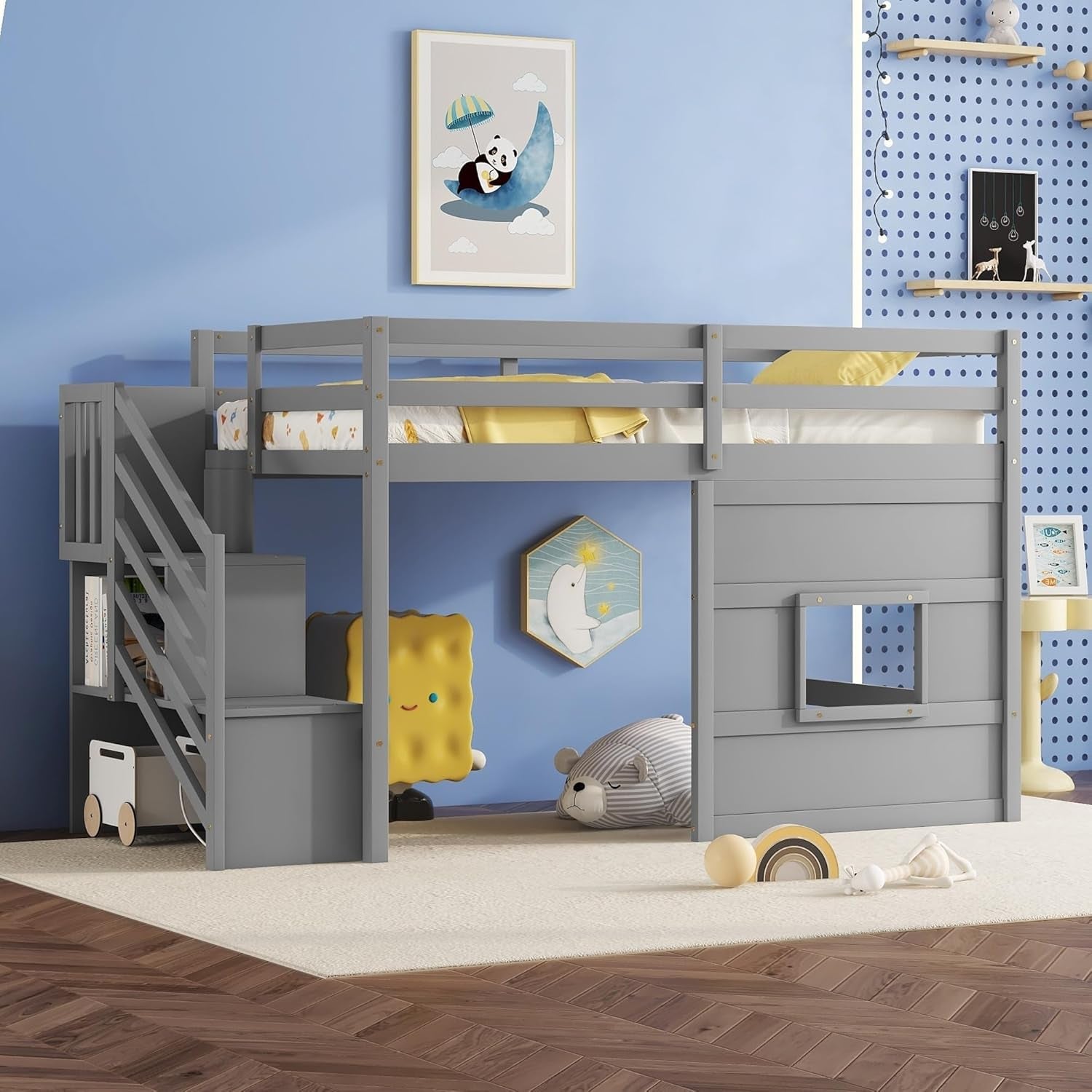 Twin Size Low Loft Bed with Stairs, Kids Loft Bed with Storage,Solid Wood Twin Loft Bed Frame for Kids, Space Saving Low Loft Bed for Boys, Girls, Gray-2