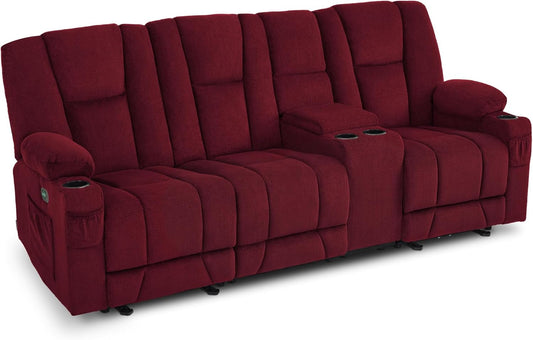 Power Reclining Sofa with Heat and Vibration,Usb Ports, Cup Holders,3-Seat Dual Recliner Sofa with Console for Living Room 6035 (Burgundy)-0