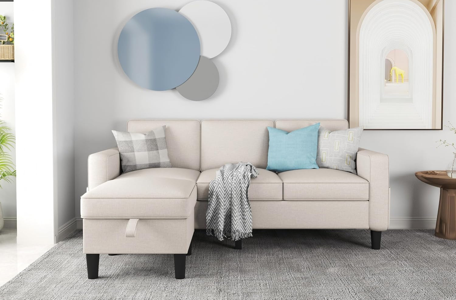 Sectional Couches for Living Room - L Shaped Couch with Storage Ottoman Beige 3 Seat Sofa Modern Futon Sleeper Sofas Furniture Set for Small Spaces Apartment Studio-0