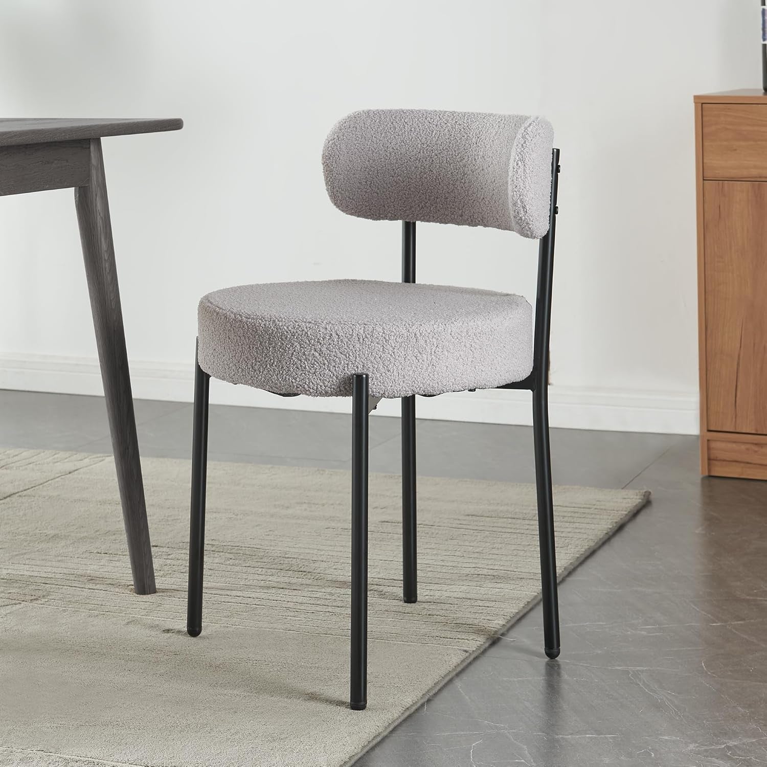 Modern Dining Room Chairs, Mid-Century round Upholstered Boucle Kitchen Dining Chairs with Black Metal Legs (4, Grey)-3
