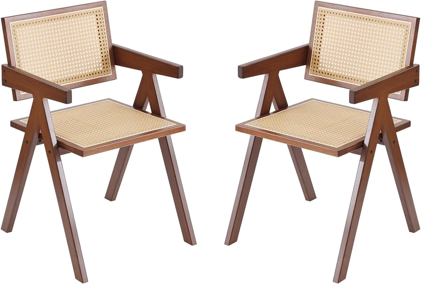 Rattan Dining Chairs Set of 2, Mid Century Modern Armchairs, Wooden Kitchen Chairs for Dining Room, Living Room, Walnut-0