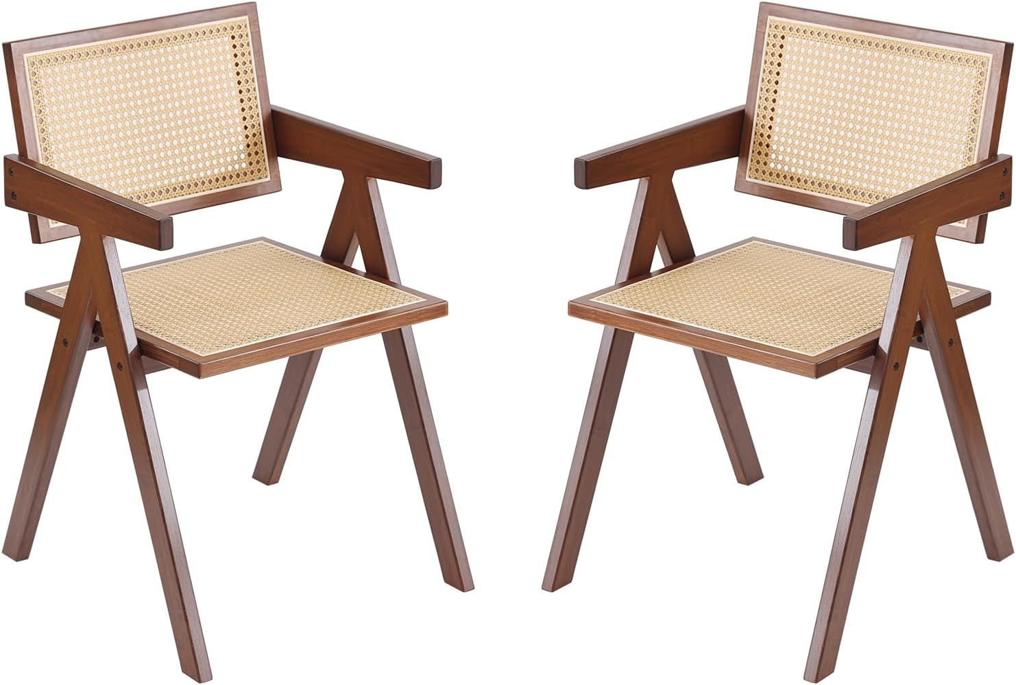 Rattan Dining Chairs Set of 2, Mid Century Modern Armchairs, Wooden Kitchen Chairs for Dining Room, Living Room, Walnut-0