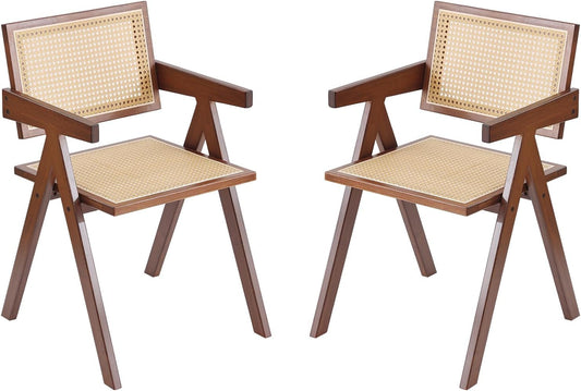 Rattan Dining Chairs Set of 2, Mid Century Modern Armchairs, Wooden Kitchen Chairs for Dining Room, Living Room, Walnut-0