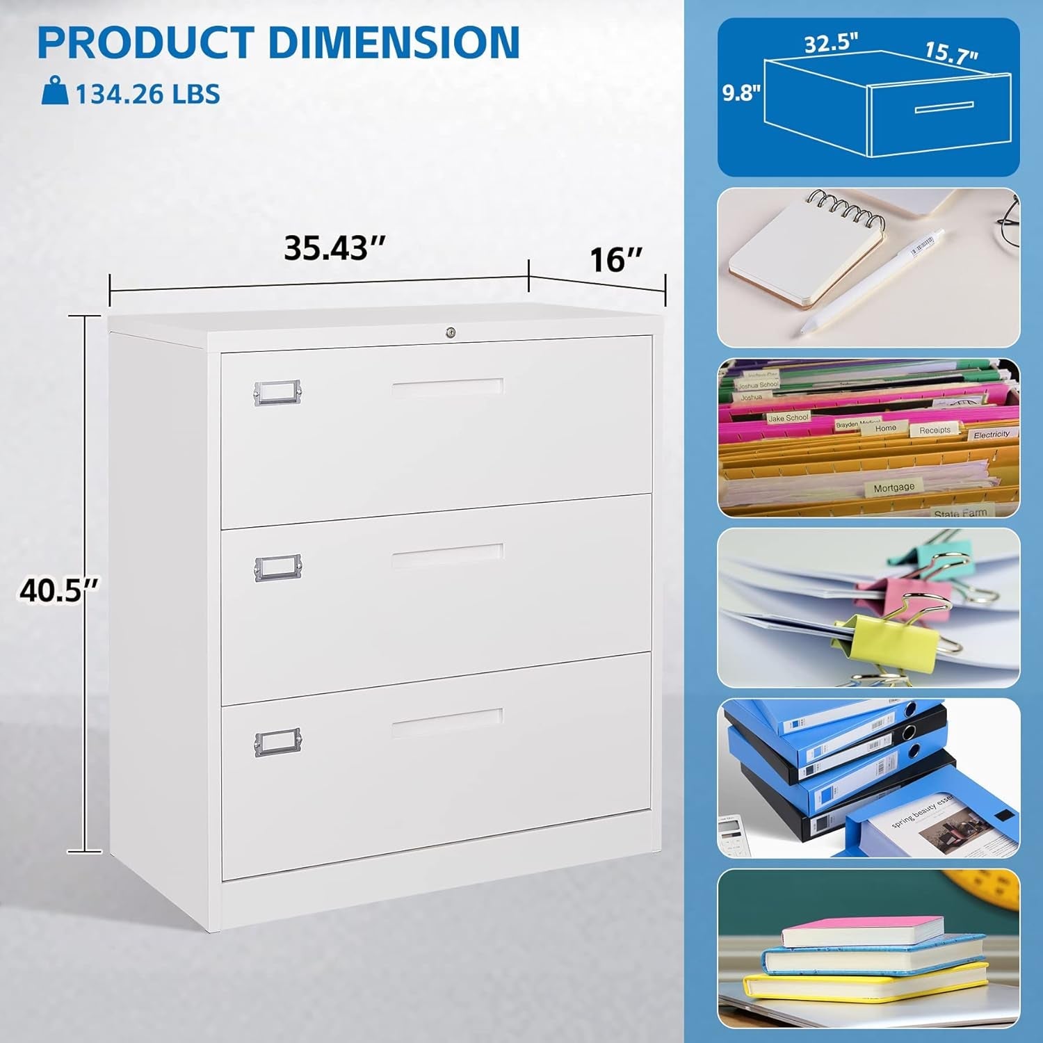 Lateral File Cabinet 3 Drawer,Metal Storage File Cabinet with Lock,Steel Lateral File Cabinet for Legal/Letter A4 Size,Wide File Cabinet for Office Home,Assembly Required-1