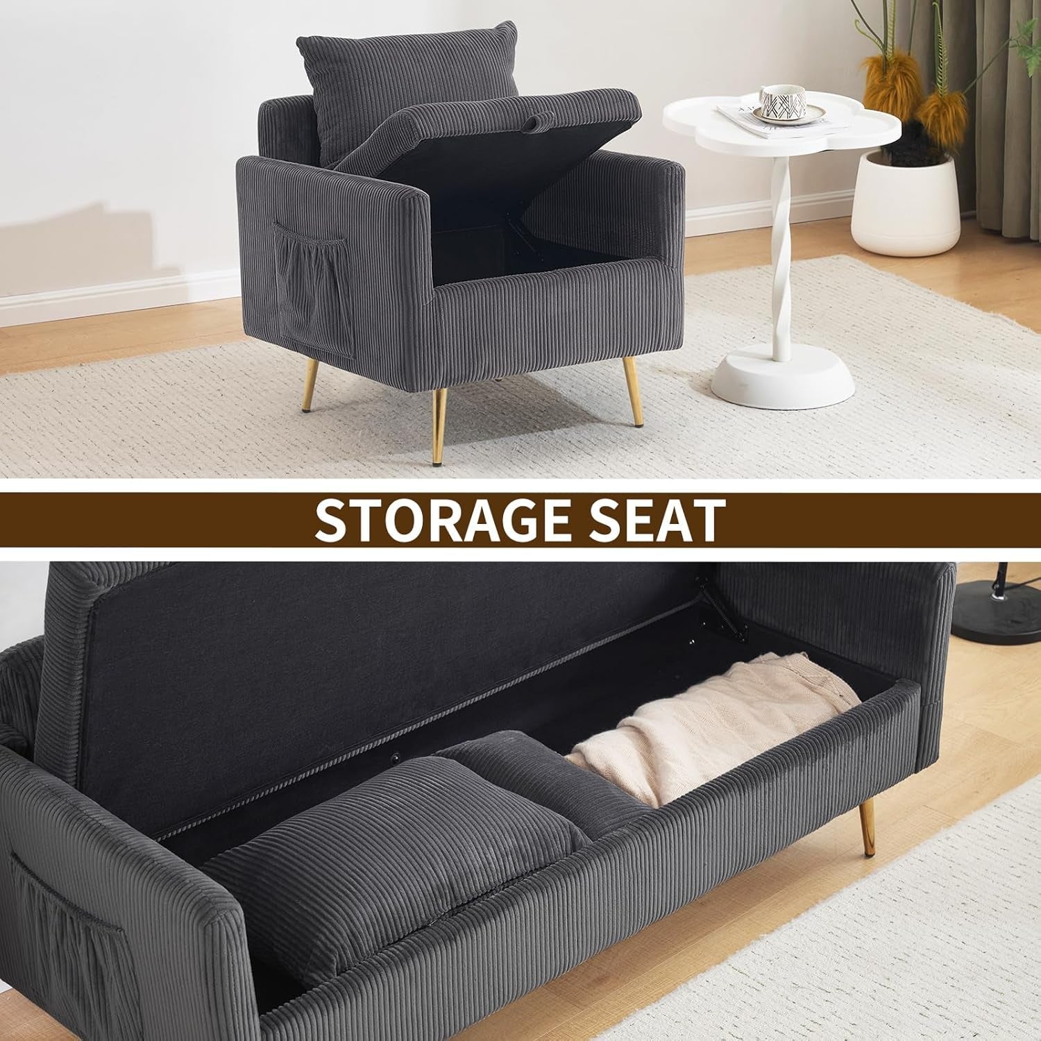 3-Piece Storage Sofa and Couch Set, Corduroy Loveseat with 2Pc Accent Single Chairs, Small Living Room Furniture Set for Apartment, Tiny Homes and Lofts, 3Pc-Gray-3