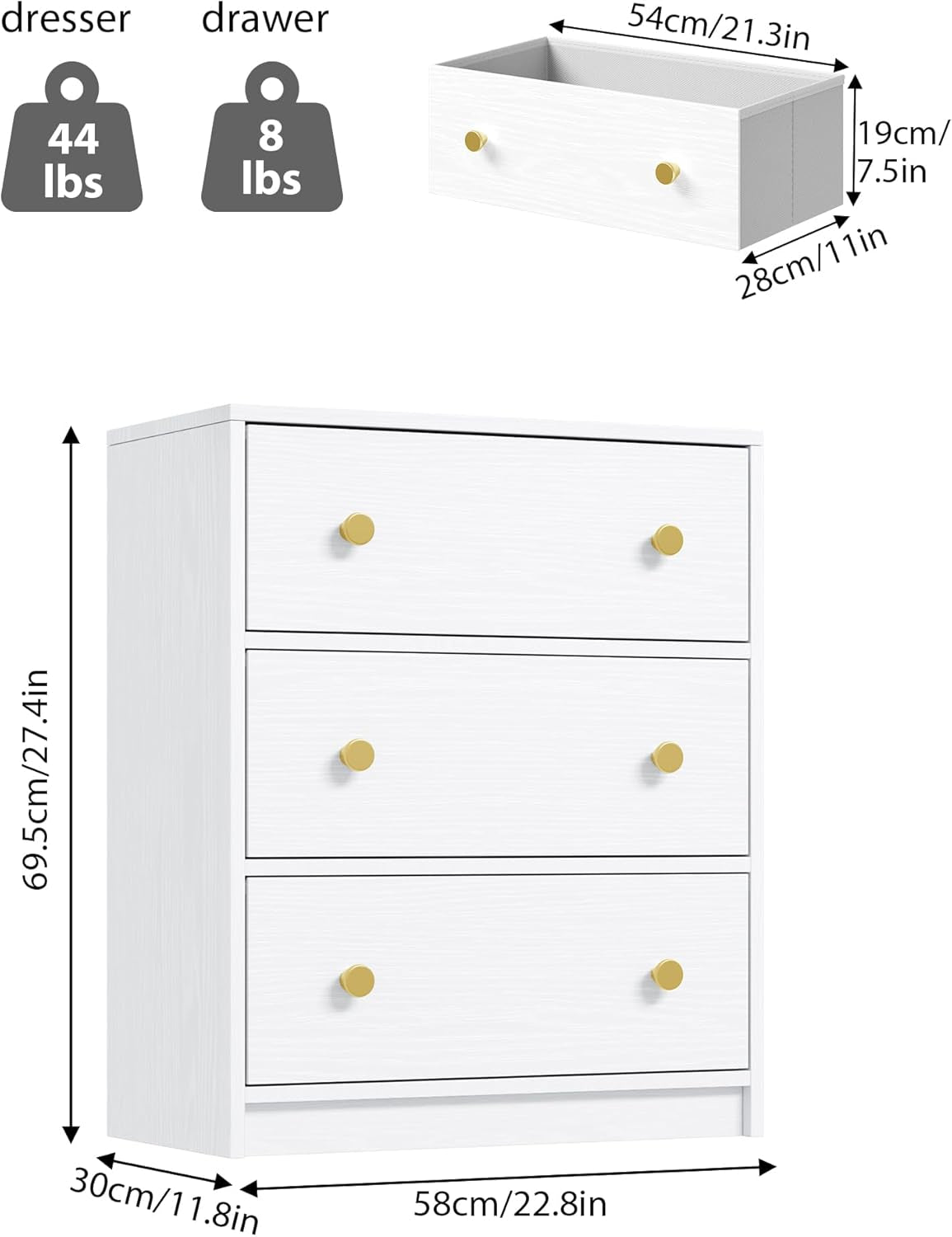 3 Drawer Dresser, White Nightstand for Bedroom with Fabric Drawers, Small Dresser Bedside Table Chest of Drawers for Bedroom, Hallway, Entryway, Closets,Kids' Room (White)-2