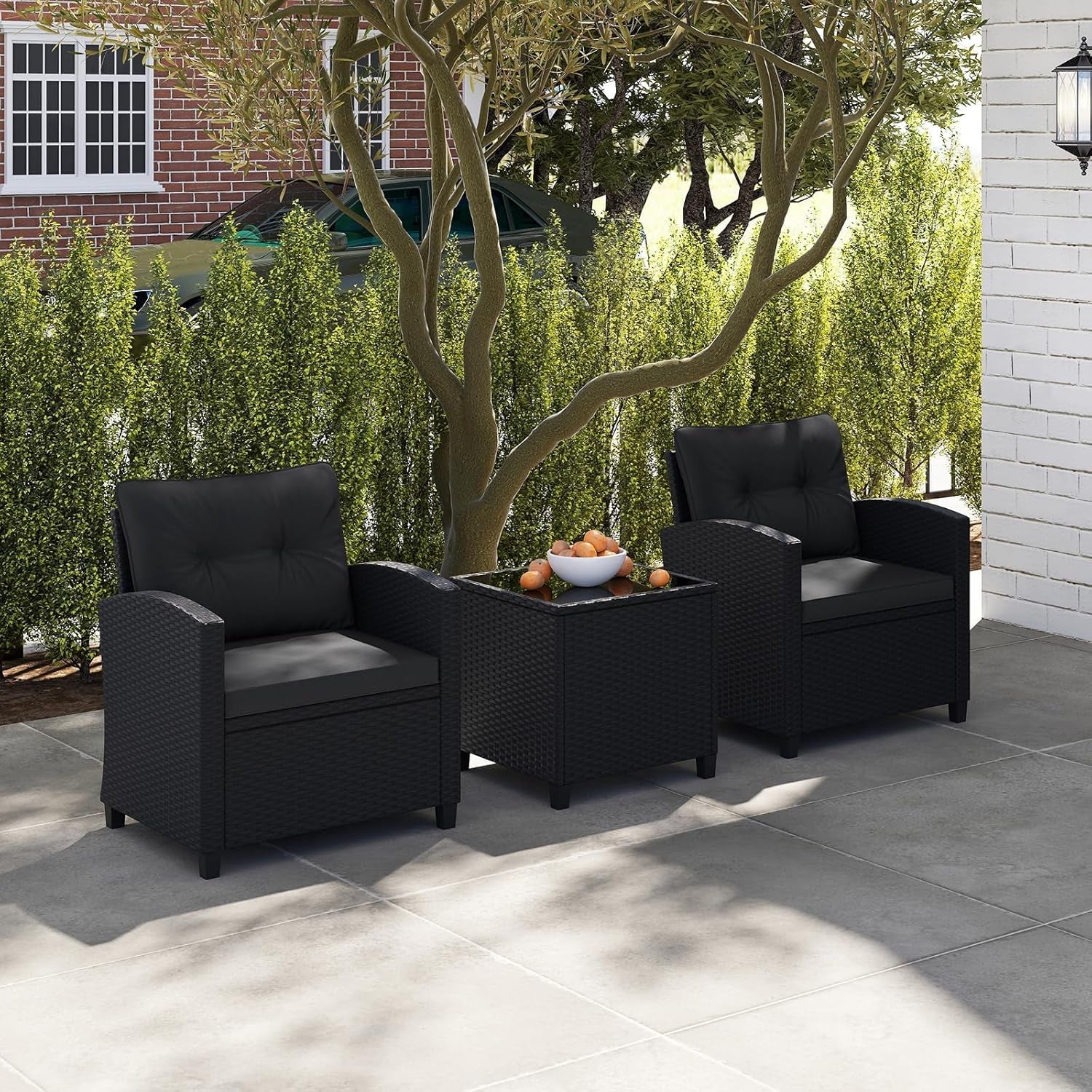 3 Pieces Patio Furniture Set, Wicker Conversation Set Outdoor Chairs with Cushions, Glass Coffee Table, Rattan Bistro Set for Front Porch Balcony Garden Deck Poolside (Black)-1