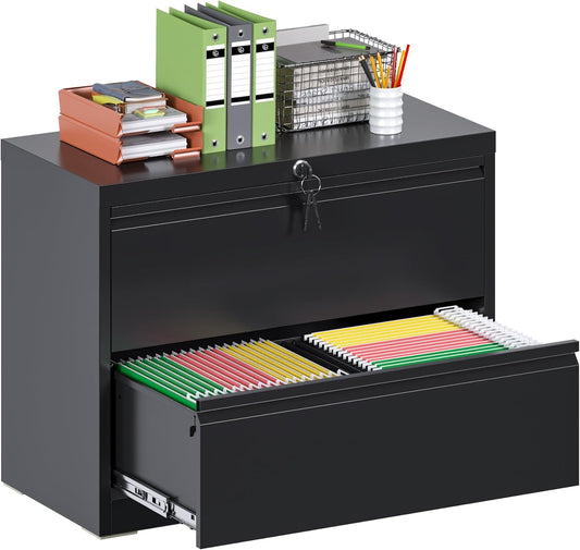 Metal 2 Drawer Lateral File Cabinet with Lock, Large Deep Drawer with Adjustable File Bars for Office,Home, 34.25 Inches Wide for Letter/Legal Size, Black, Assembly Required-0