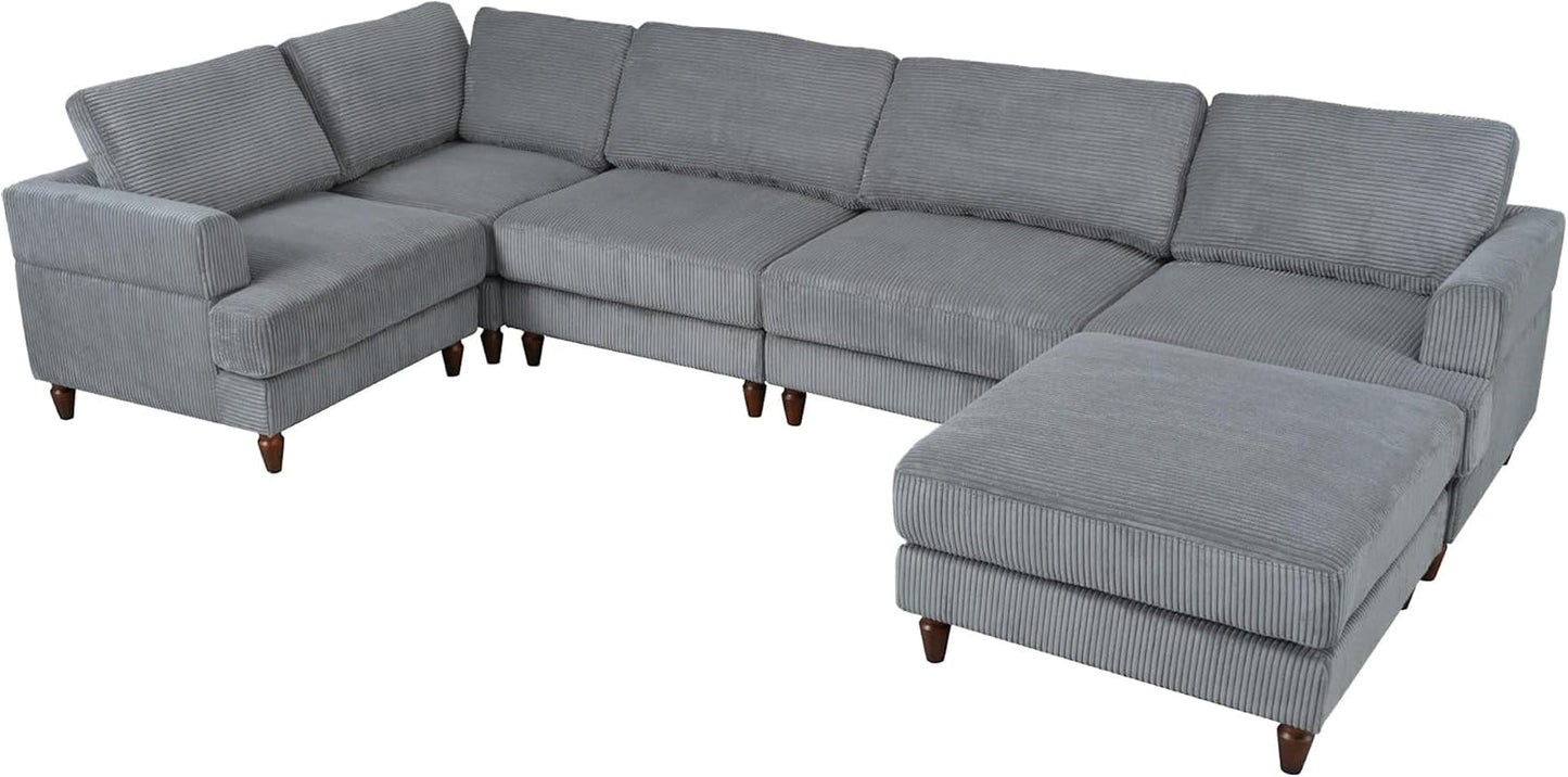 Deep Seat Convertible Modular Sectional Sofa Set, Free Combinational Corner Couch with Movable Ottoman, 6-Seater Corduroy Upholstery Comfy Sofa&Couches with Wooden Legs for Living Room-2