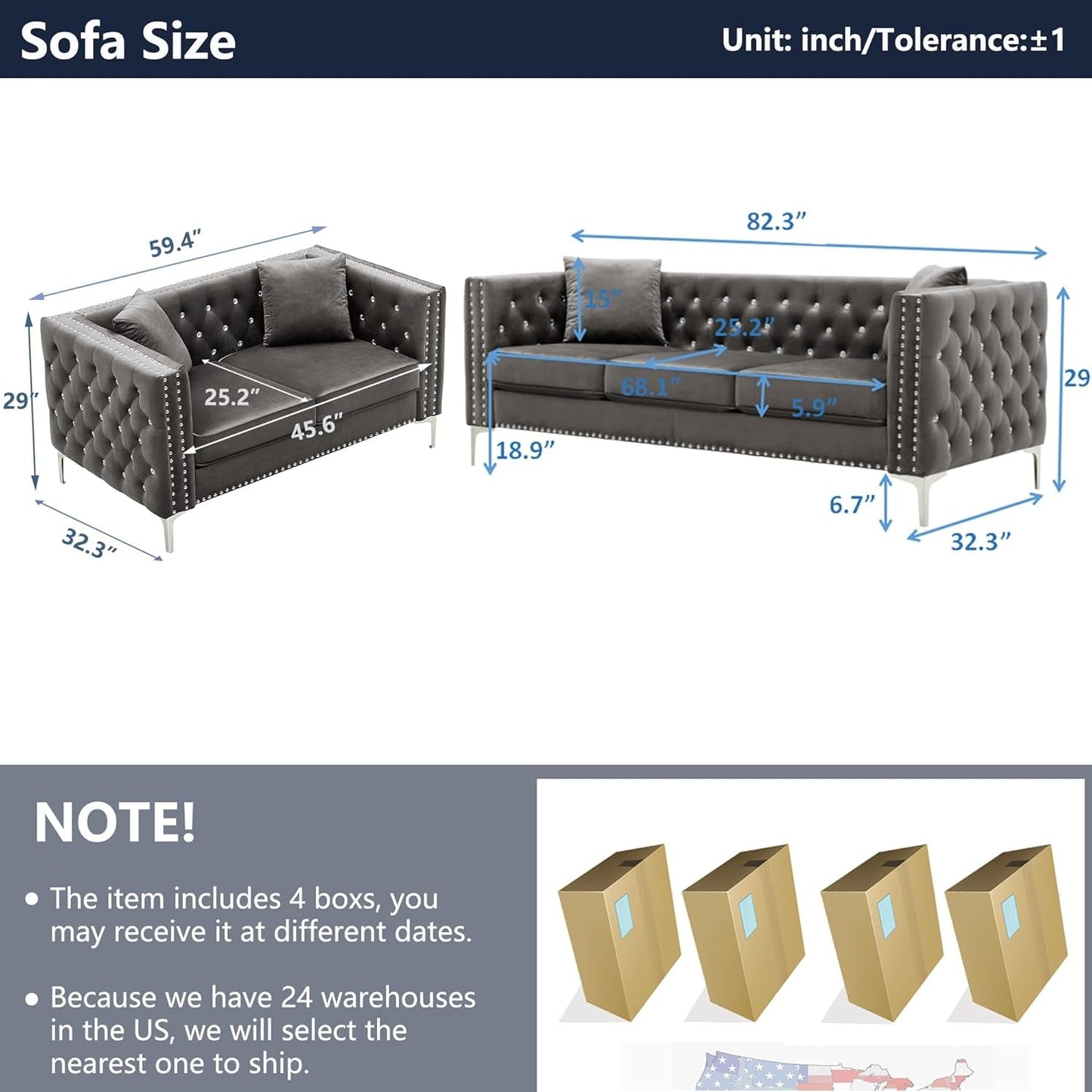 2 Piece Modern Velvet Upholstered Living Room Sofa Set with 3-Seater Sofa and Loveseat, Jeweled Button Tufted Copper Nails Square Arms, 4 Pillows Included, Grey,5 Seater (Grey + Velvet)-1