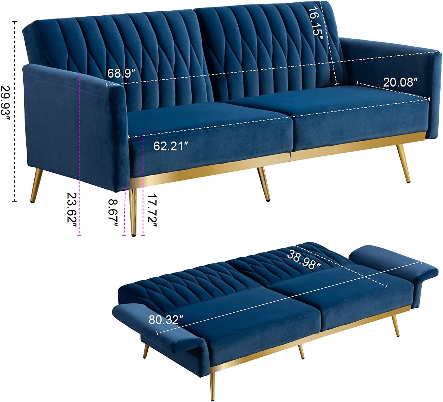 Blue Velvet Convertible Sofa Bed with Metal Legs-2
