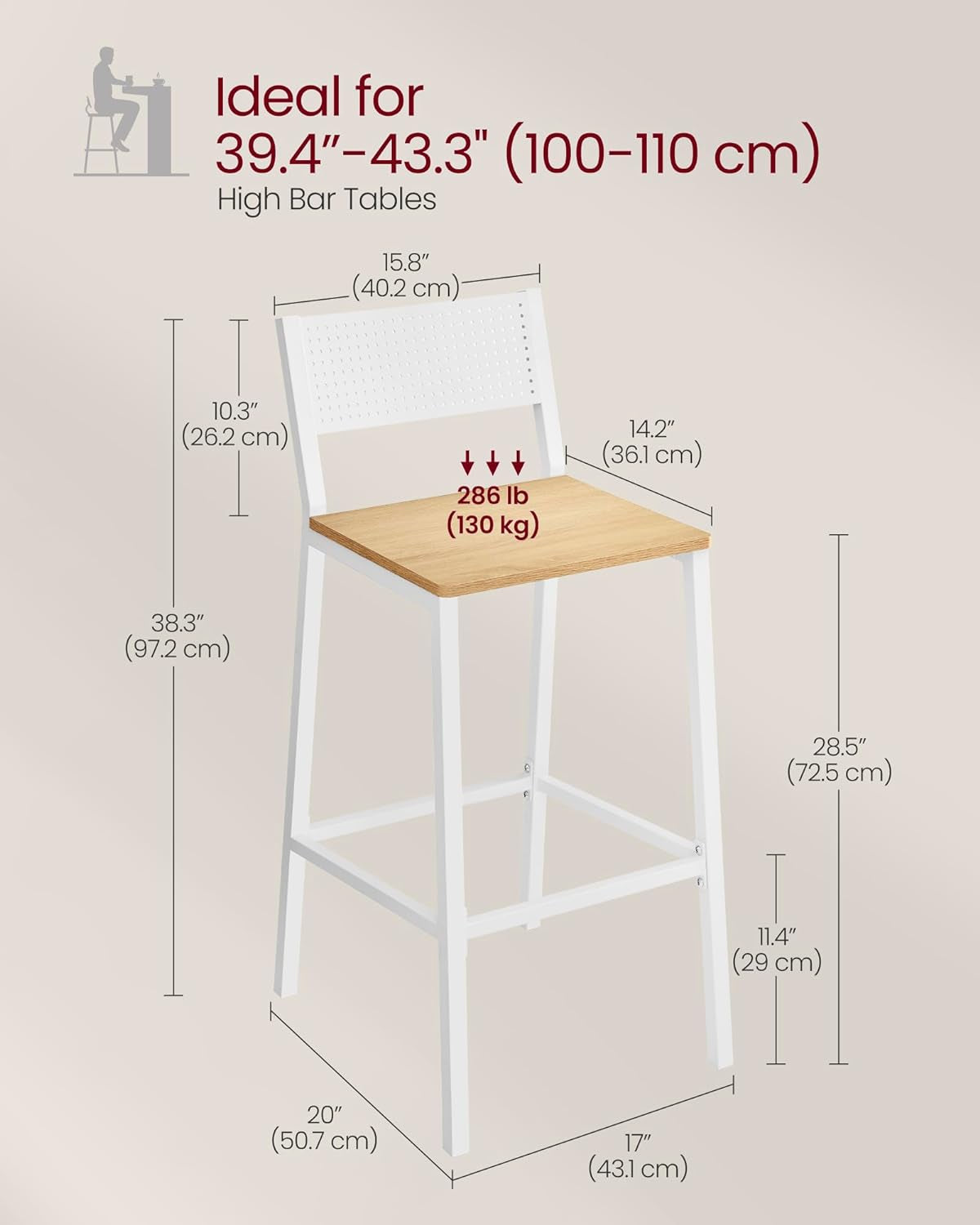 Bar Stool Set of 2, Bar Chairs for Kitchen, Dining Room, Industrial, Oak Beige and White ULBC070W09-2