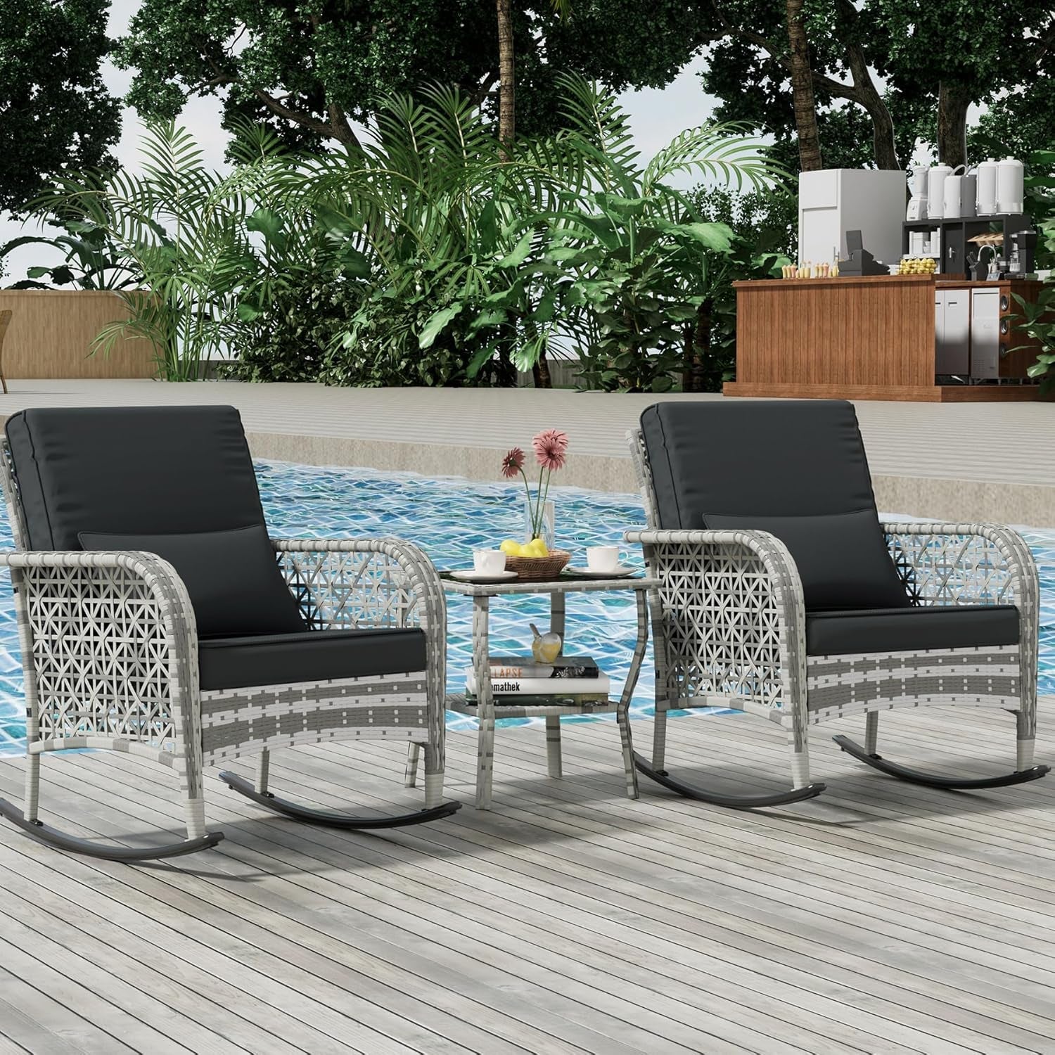 3 Piece Gray Wicker Patio Rocking Chair Set, Bistro Rocking Set, Outdoor Conversation Furniture with Porch Chairs and Glass Coffee Table, Slate Grey-0